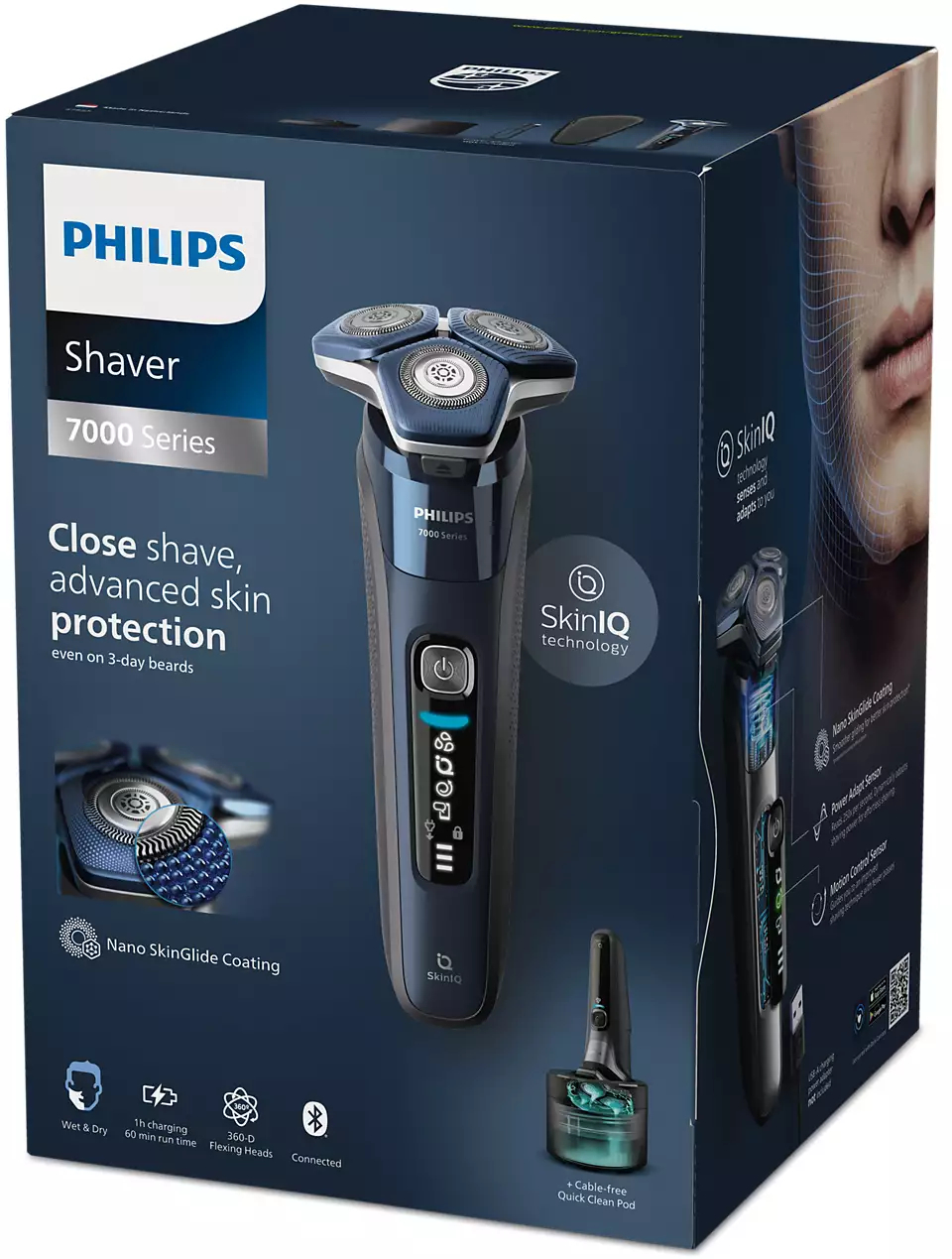 Eine Philips Rasiererbox mit einem Rasierer. Die Box zeigt ein Männergesicht und Merkmale des Rasierers.