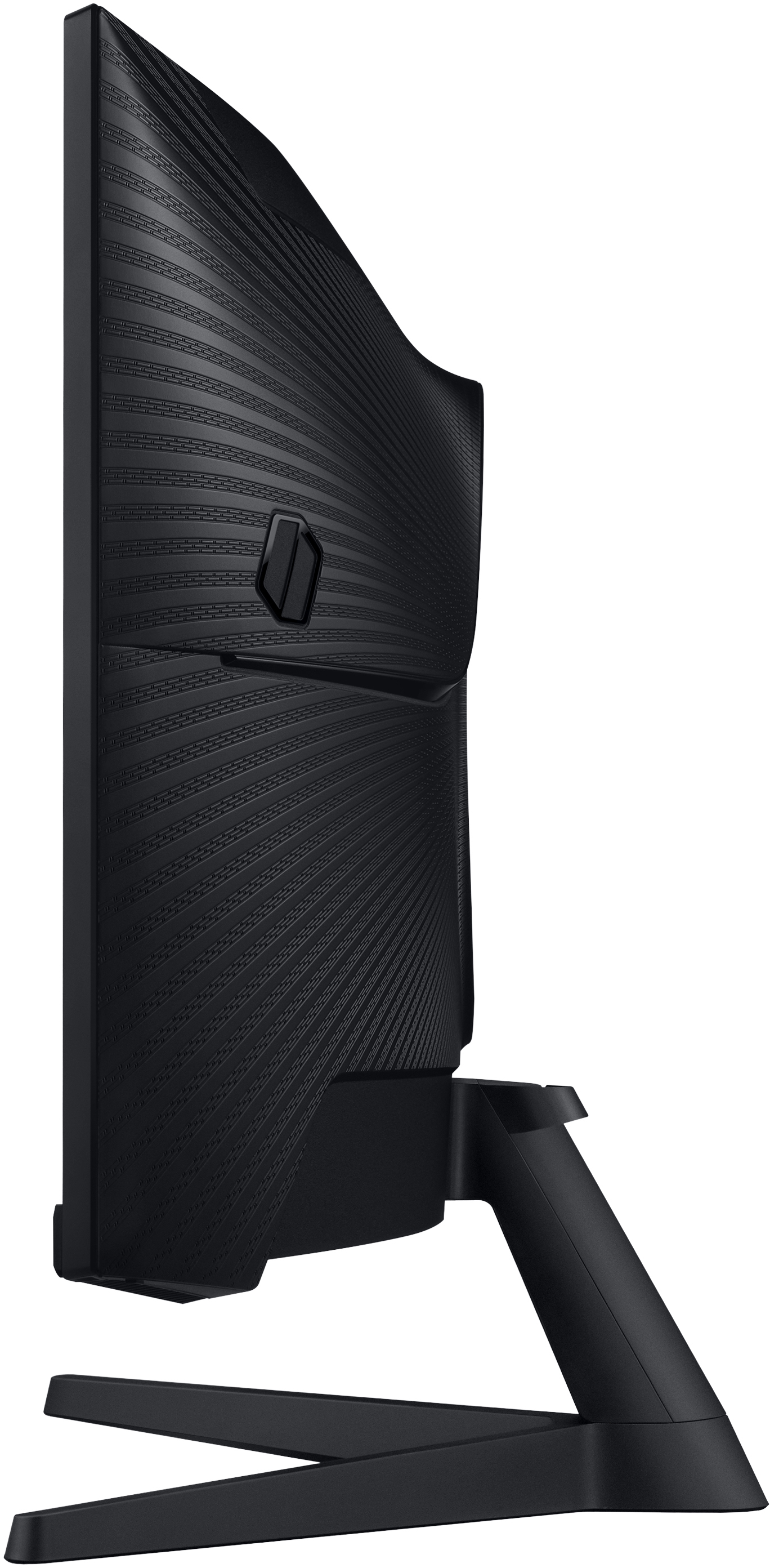 Schwarzer, gebogener Monitor, Seitenansicht. Er hat eine strukturierte Rückwand und einen schwarzen Ständer.