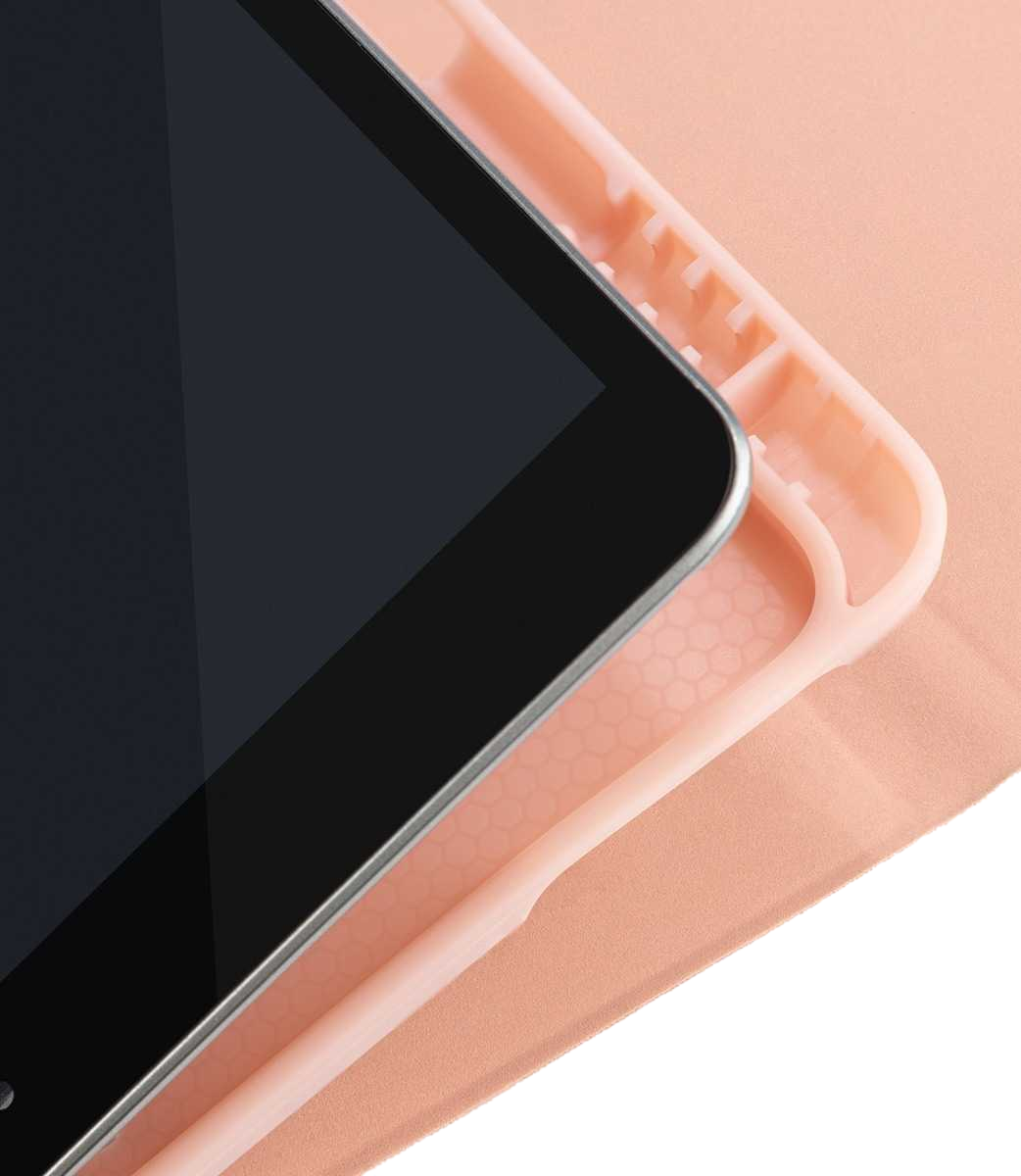 Ein Tablet in einer rosa Hülle. Die Ecke des Tablets ist sichtbar, mit einem schwarzen Bildschirm.