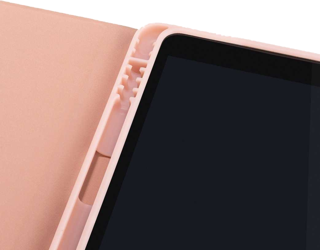Rosa Tablethülle, Nahaufnahme des Rands. Die Hülle hält einen schwarzen Tablet-Bildschirm.