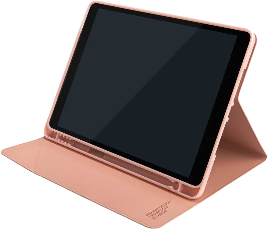 Ein Tablet in einem rosa Gehäuse mit einem Stift. Der Bildschirm ist schwarz. Weißer Hintergrund.