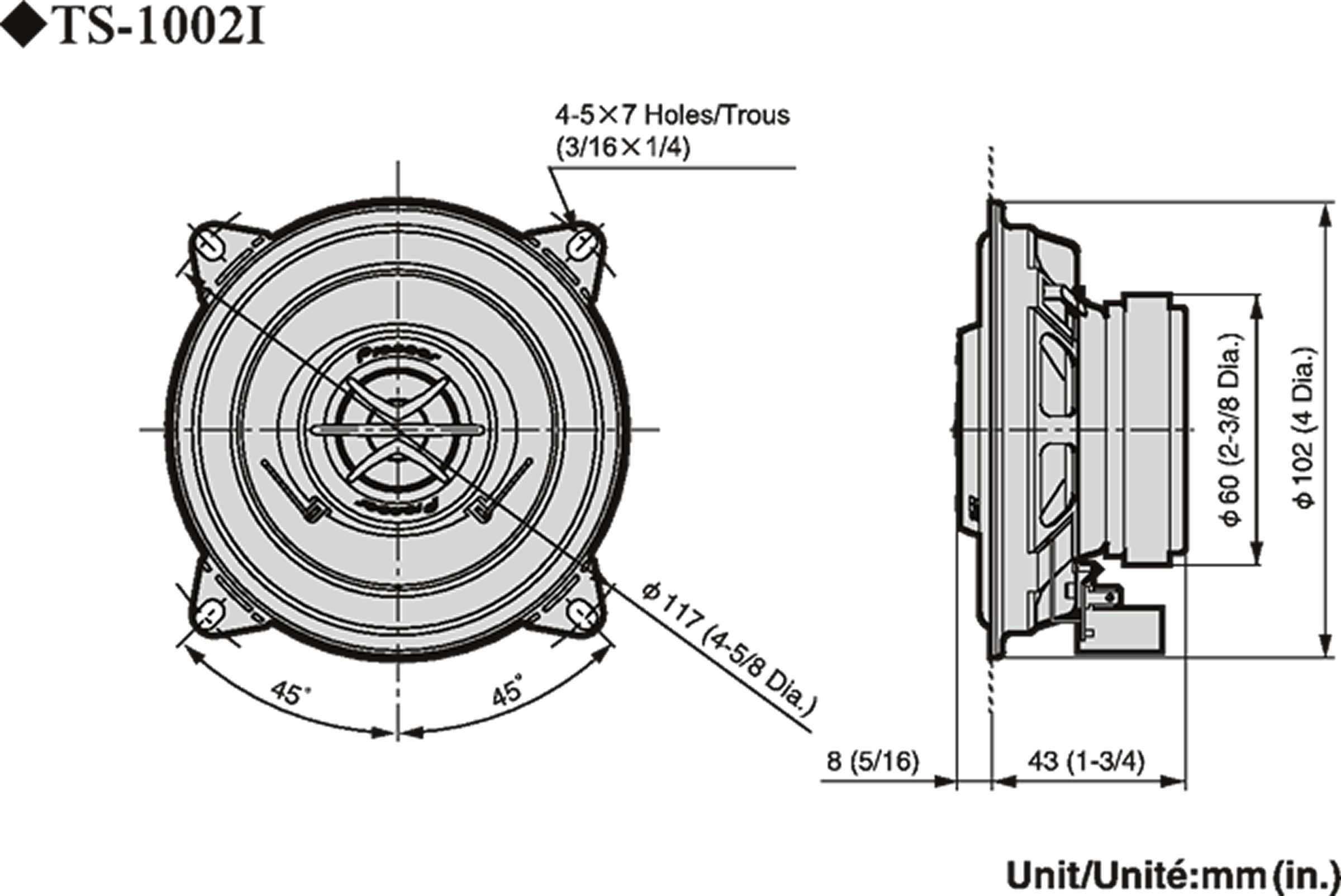 Hangszóró diagram méretekkel, fekete és szürke, körökkel.