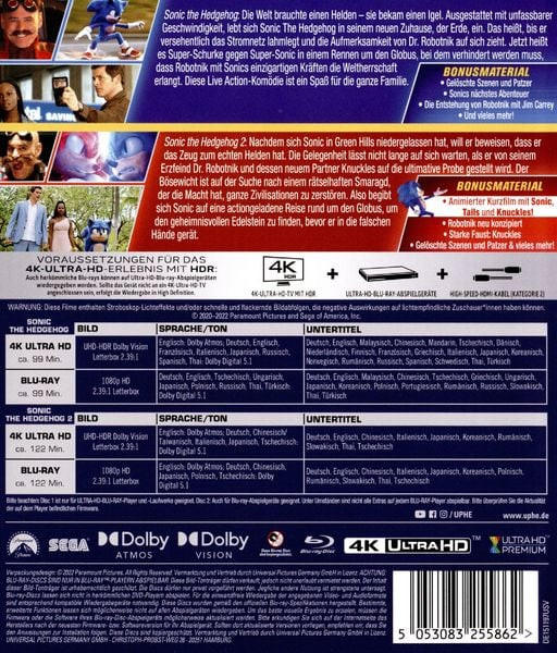 Rückseite der Sonic the Hedgehog 2 Blu-ray Disc mit Details auf Englisch, Spanisch usw.