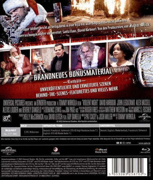 Blu-ray-Hülle mit Filmszenen und Text über den Film 'Violent Night'.