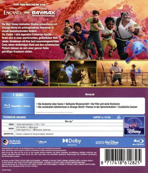 Rückseite einer Blu-ray-Hülle zum Film 'Strange World' mit Bildern und Text.