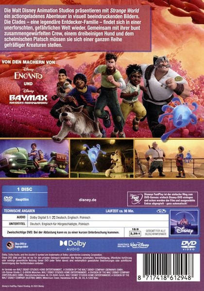 Rückseite einer Strange World DVD-Hülle mit Cartoonfiguren, die laufen. Zeigt Filmtitel und Logo.