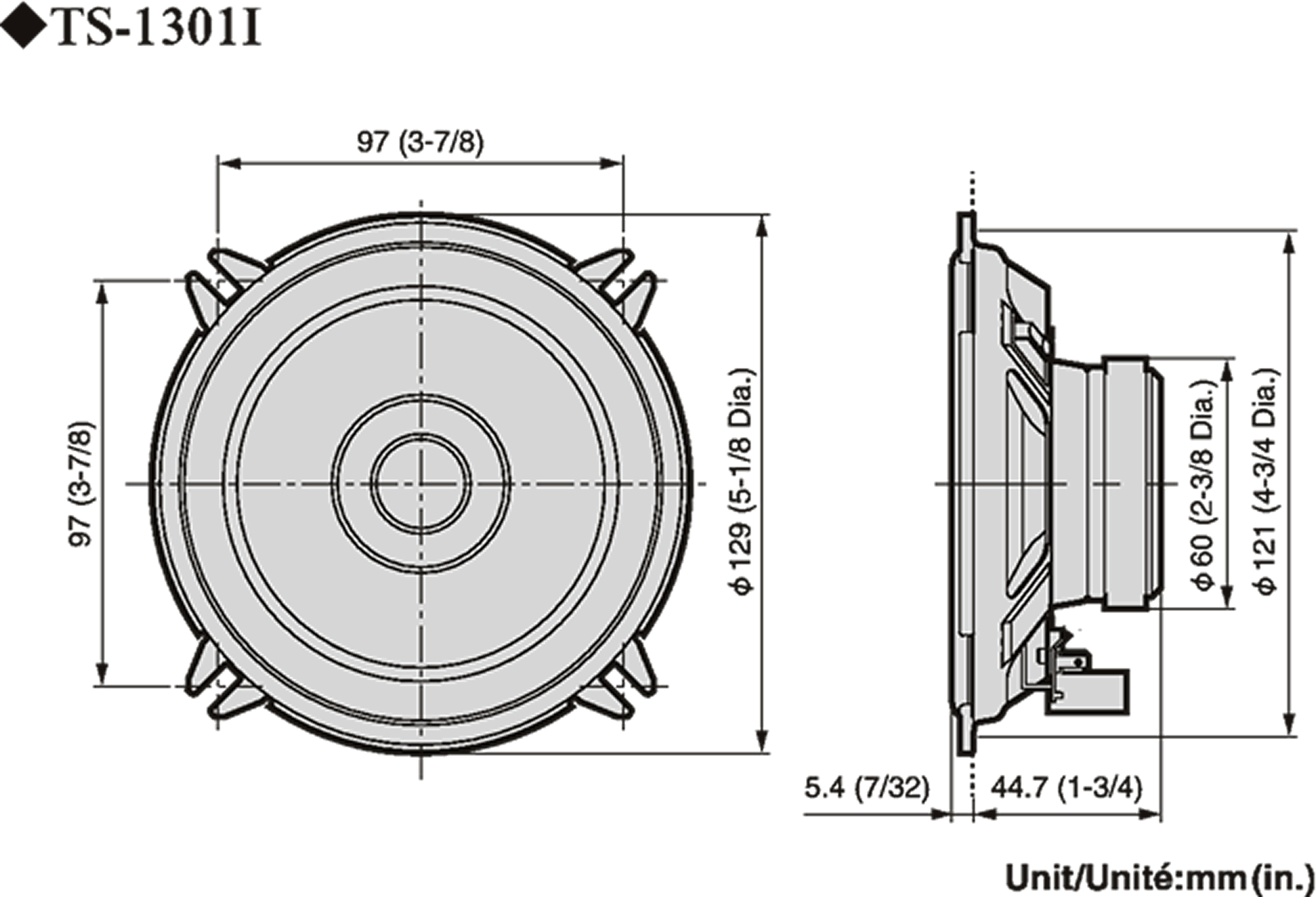 Hangszóró technikai diagramja, méretekkel milliméterben. A hangszóró kerek, középső kúppal.