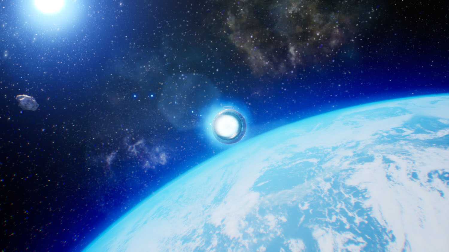 Vue spatiale avec la Terre, une lumière vive et un astéroïde lointain. Une planète bleue.