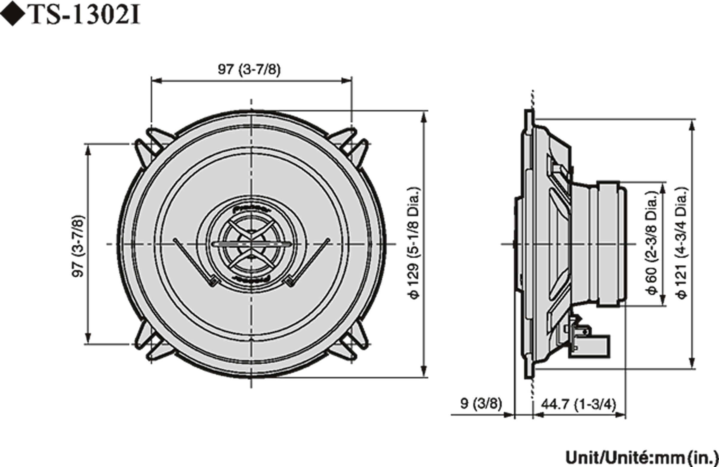 Hangszóró diagramja. Felülnézetet és oldalnézetet mutat mm-ben és hüvelykben megadott méretekkel.