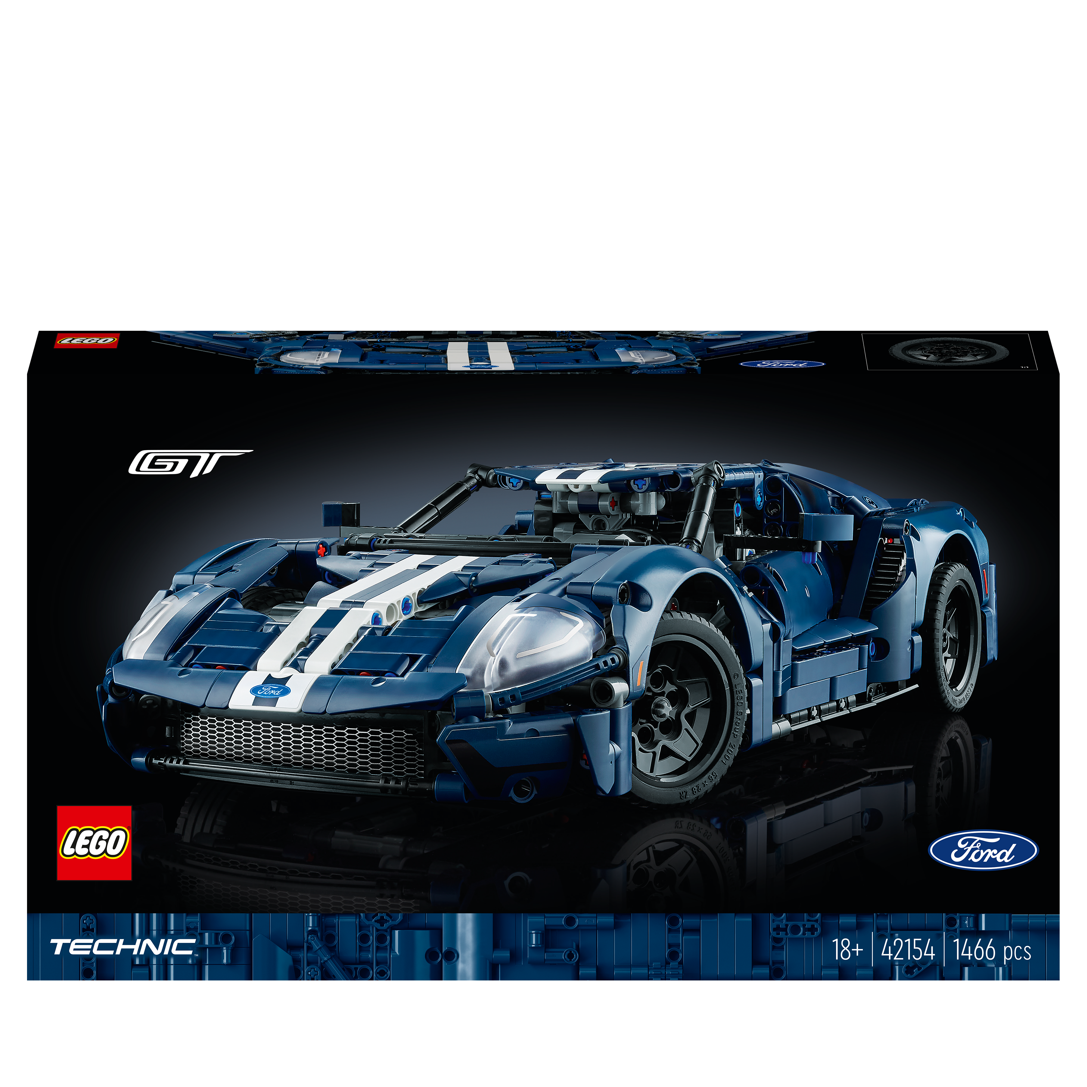 Lego Technic Ford GT Modellauto auf schwarzem Hintergrund.