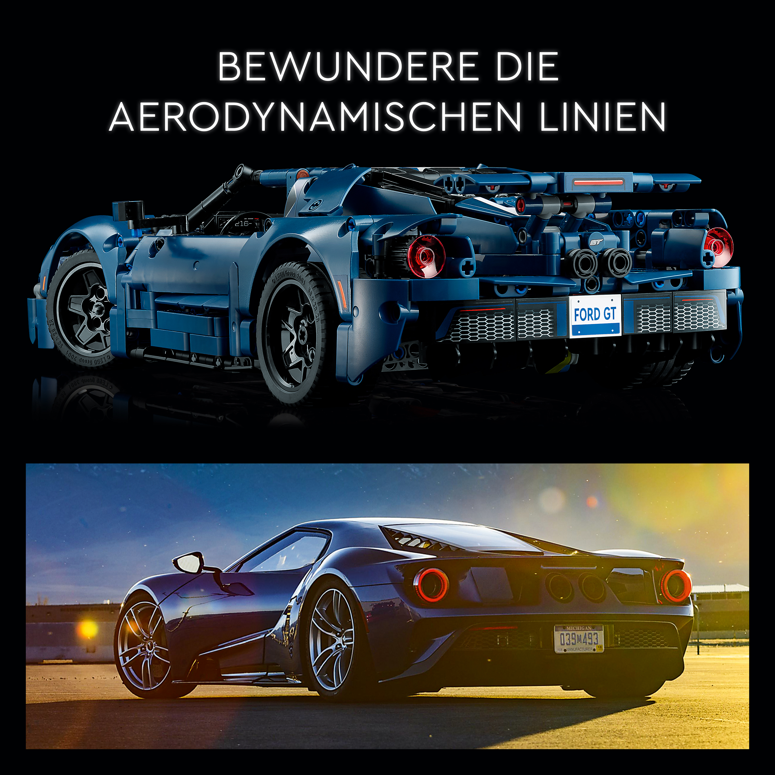 Zwei Bilder: ein blaues Lego-Auto und ein echtes blaues Sportauto, beide mit schlanken Designs und dunklen Hintergründen.
