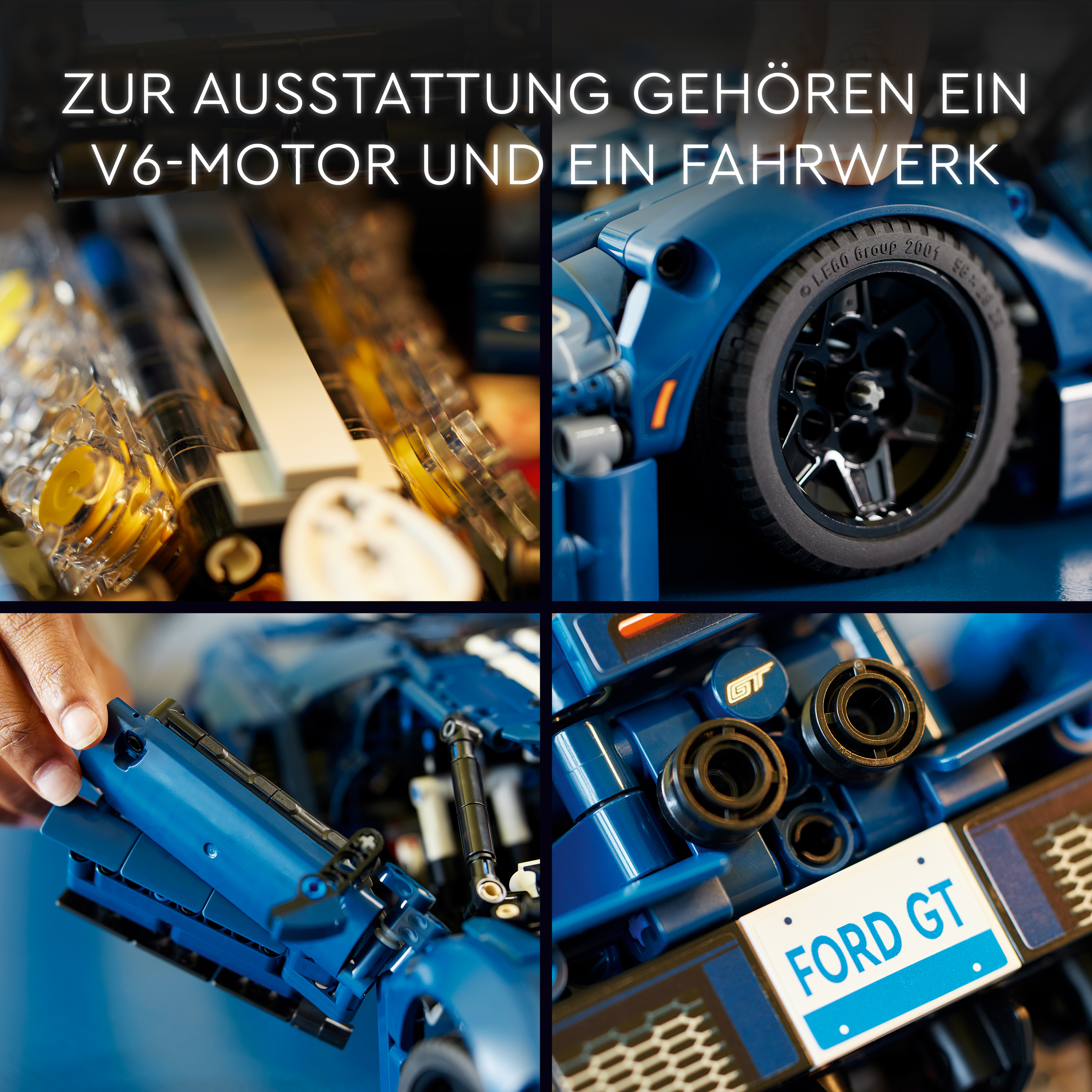 Ein LEGO-Modell eines blauen Ford GT-Autos, das Details des Baus zeigt.