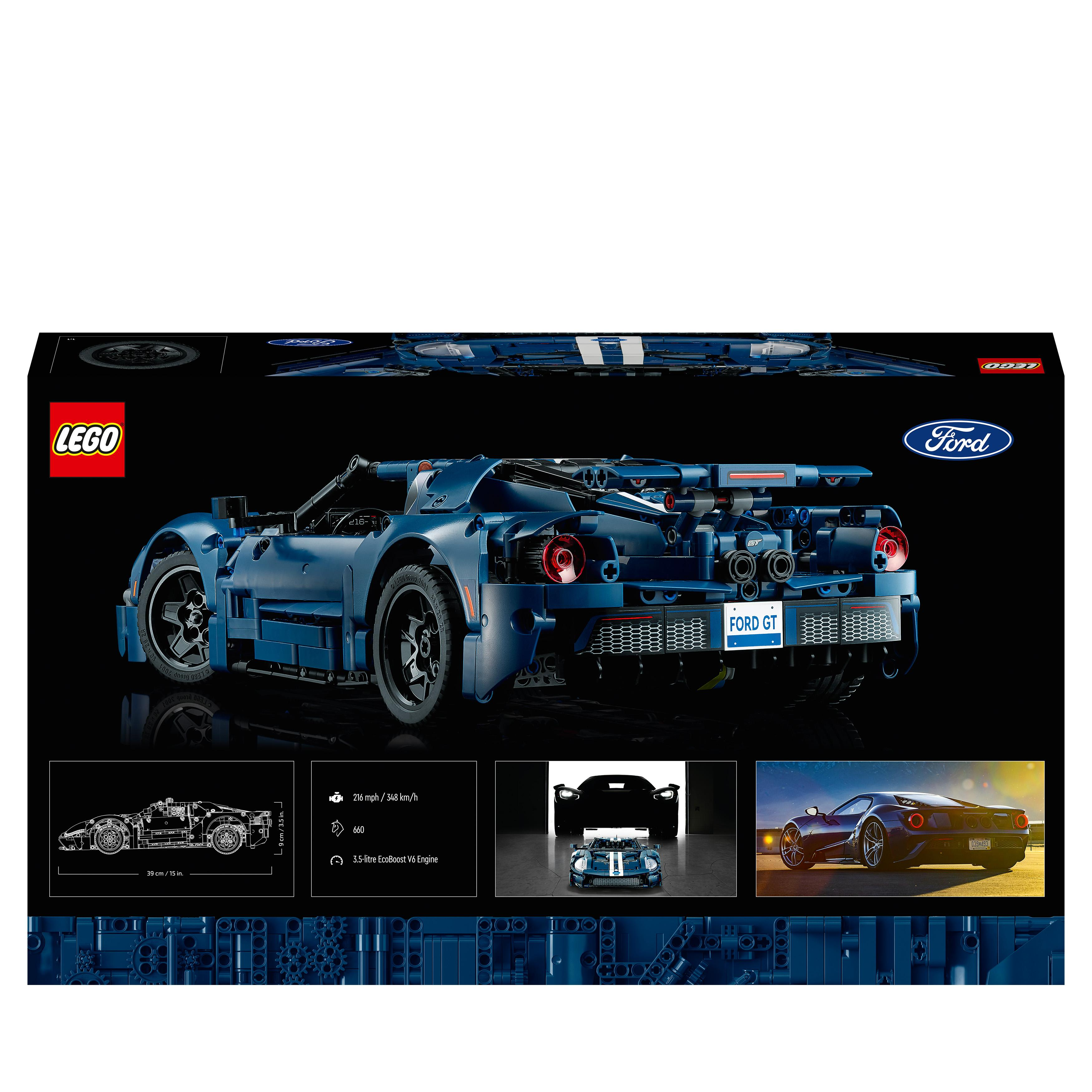 Lego Ford GT Set-Box. Blaues Auto, schwarzer Hintergrund, Ford-Logo. Weitere kleinere Bilder des Autos.