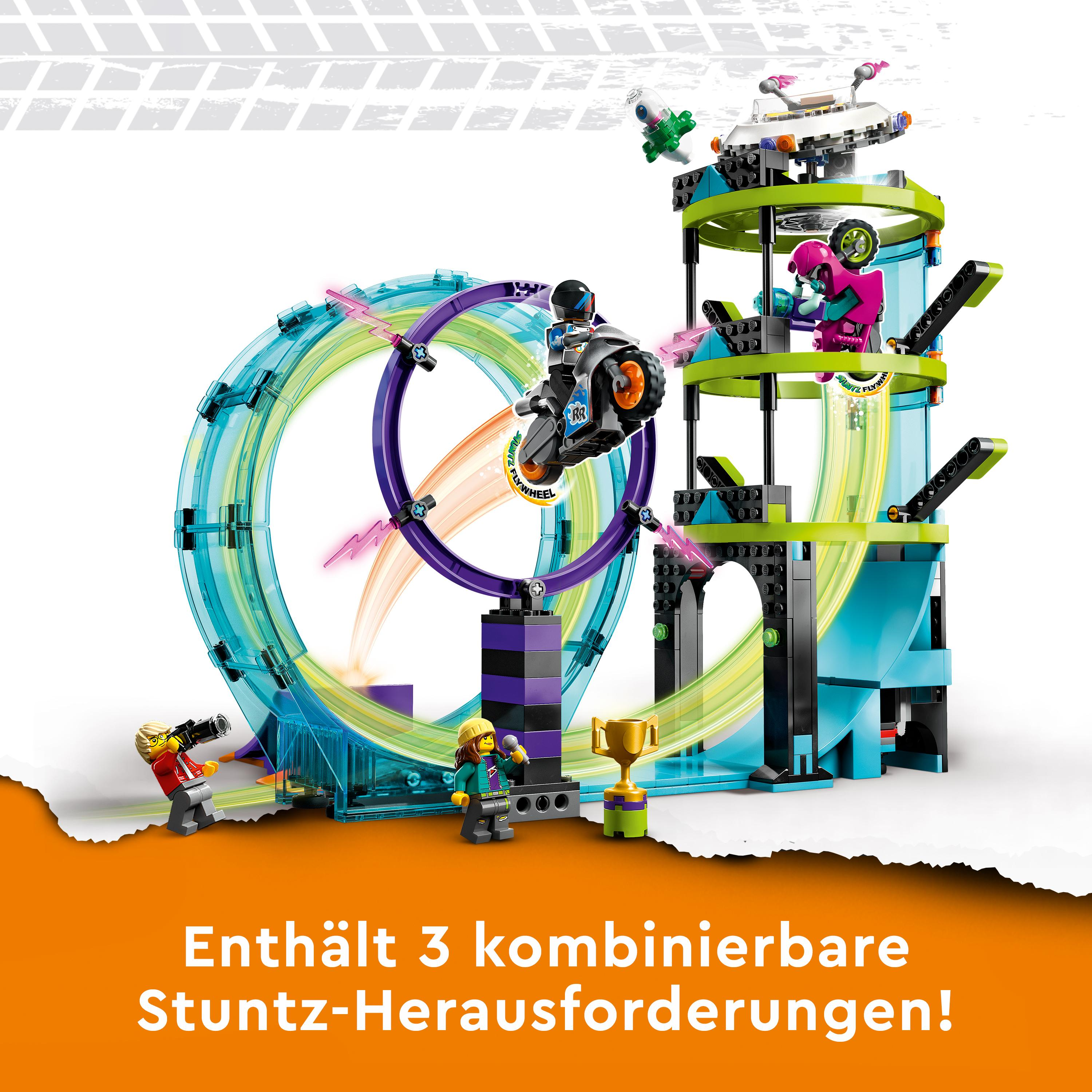 Lego-Set mit einer Stuntstrecke. Das Set beinhaltet Figuren, ein Motorrad und eine Schleife.