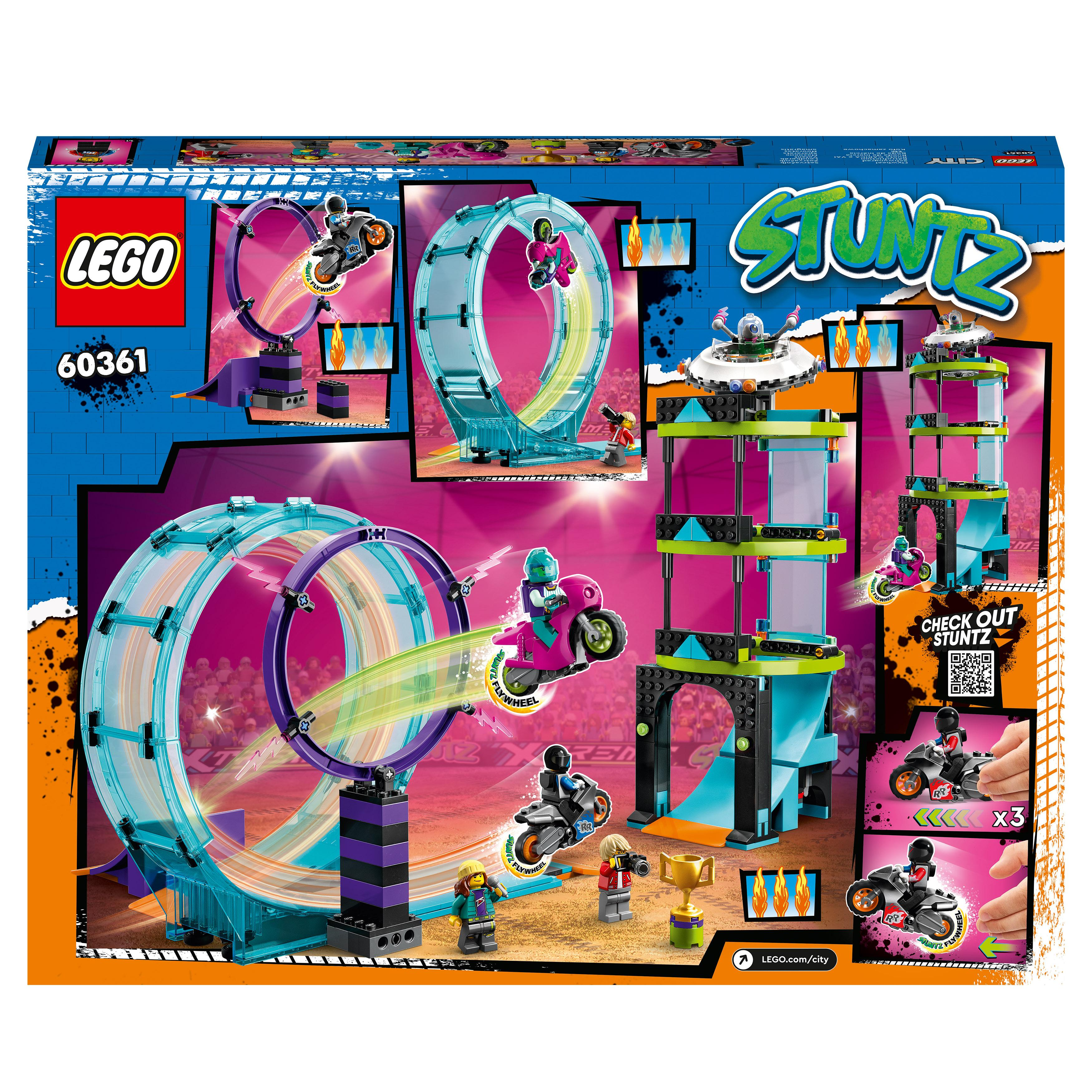 Lego Stuntz-Box mit Motorrad-Stunt-Strecke. Buntes Design mit Figuren und Fahrzeugen.