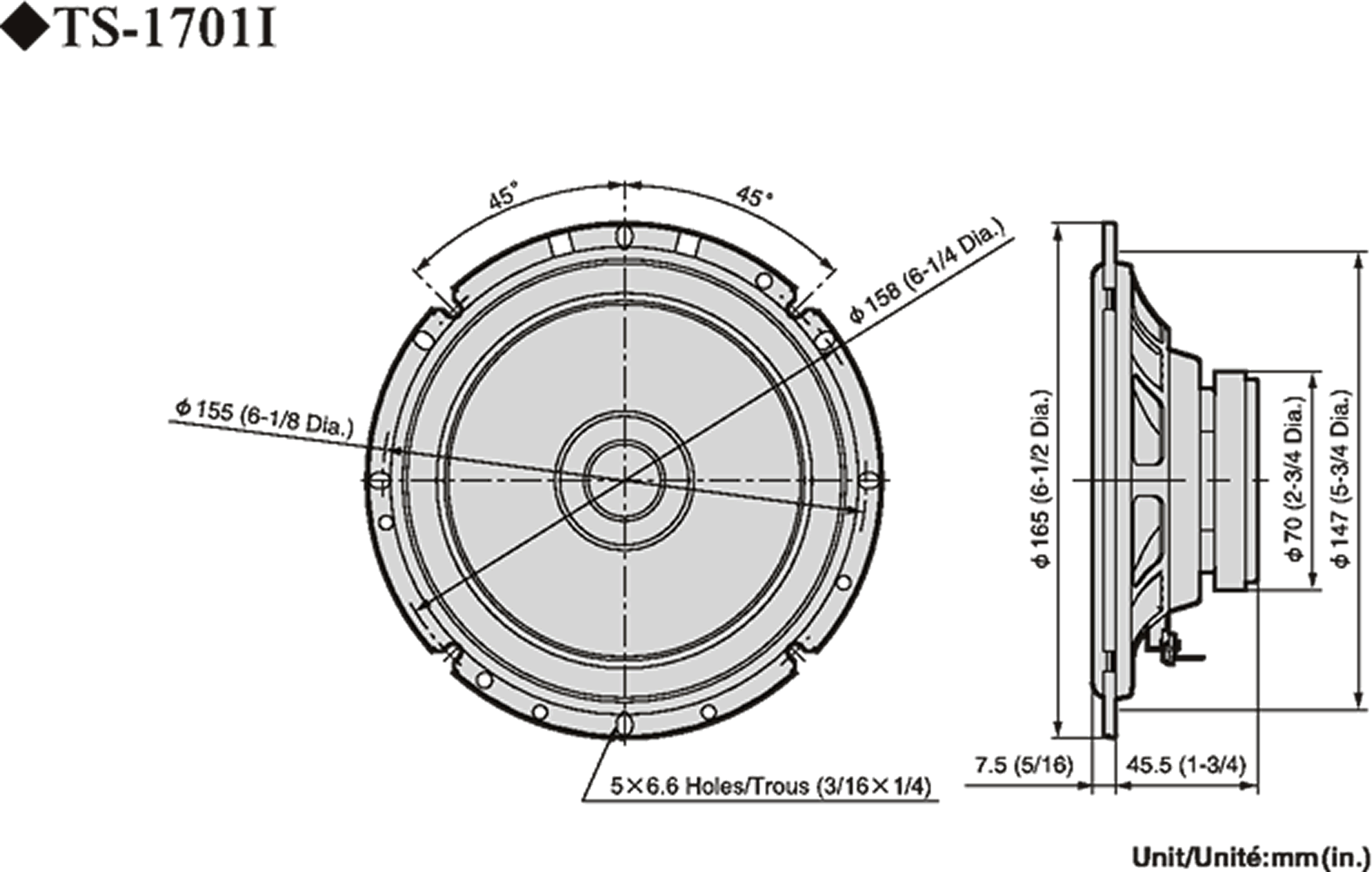 Hangszóró alkatrészének diagramja méretekkel és milliméterben megadott méretekkel.