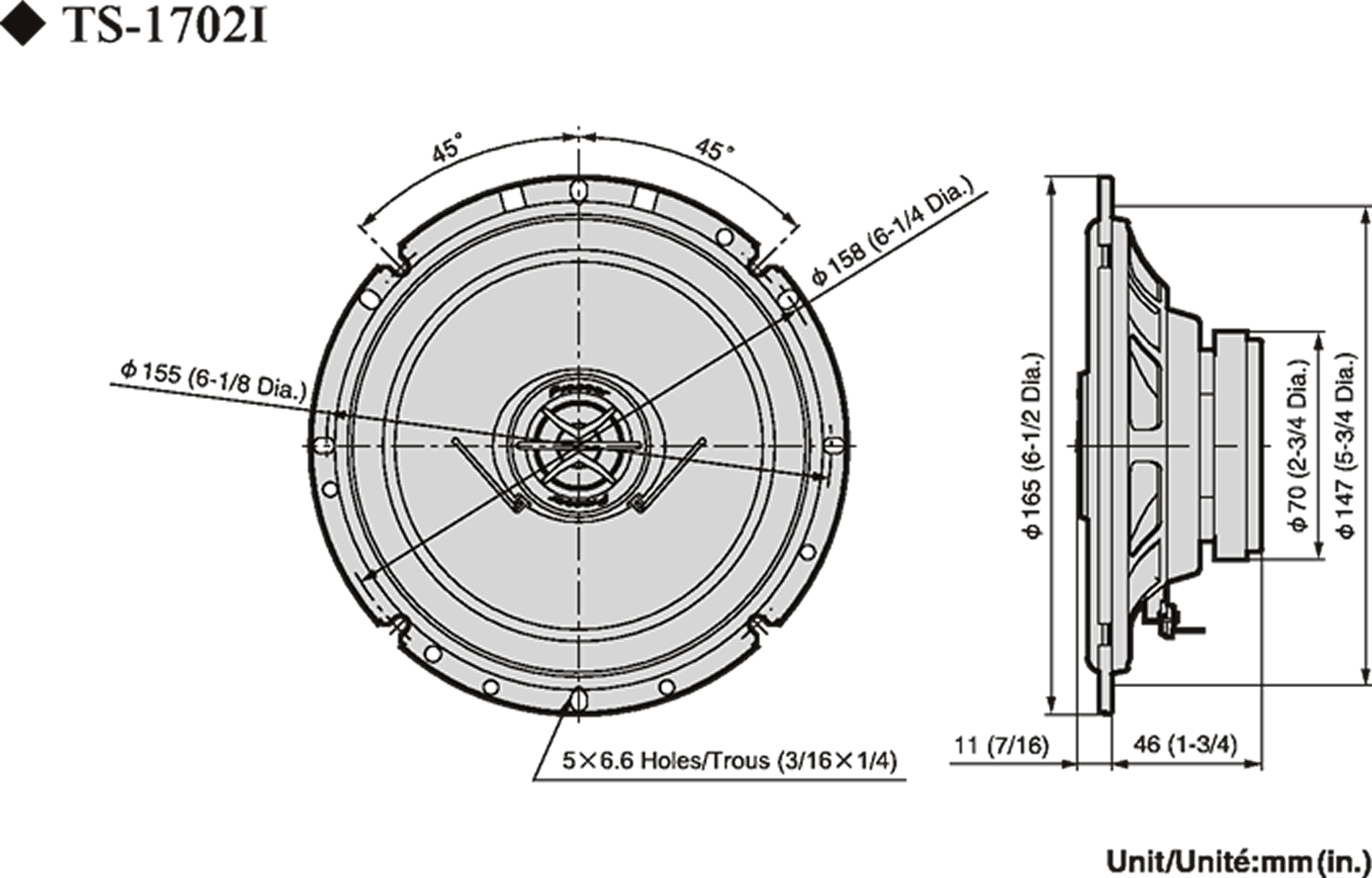 Hangszóró diagramja, méretekkel és feliratozott méretekkel milliméterben és hüvelykben.