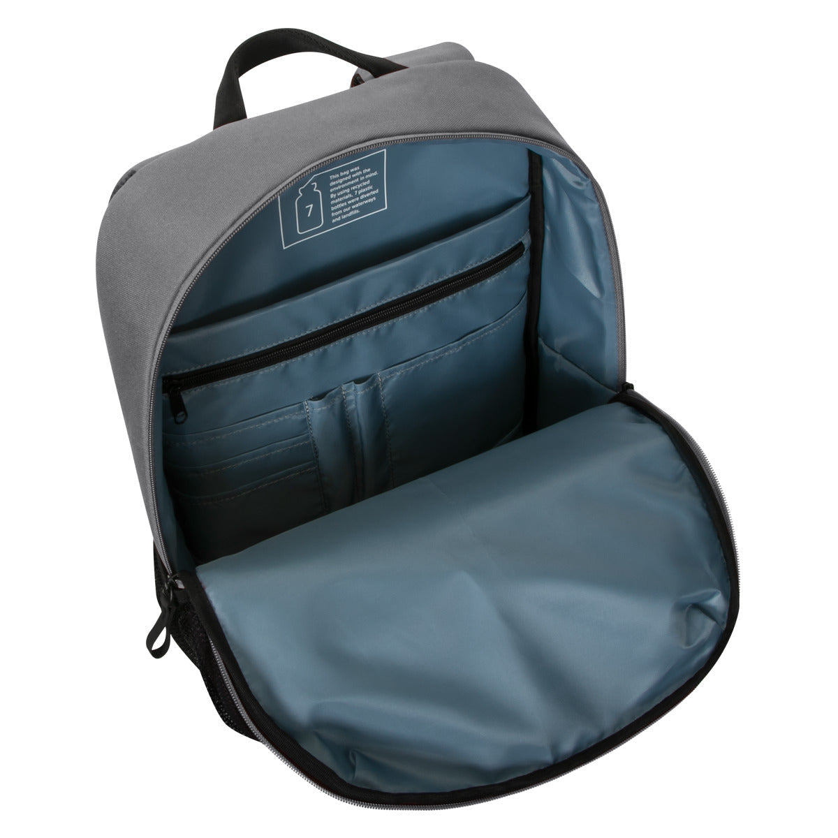 Mochila gris con compartimentos abiertos. En el interior hay bolsillos y un compartimento principal.