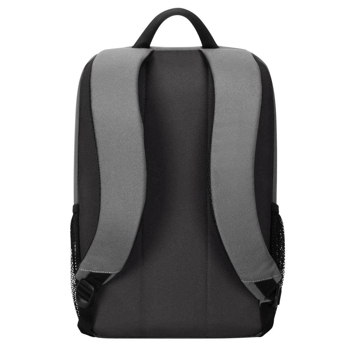 Una mochila gris y negra con dos correas para los hombros y un bolsillo lateral de malla.