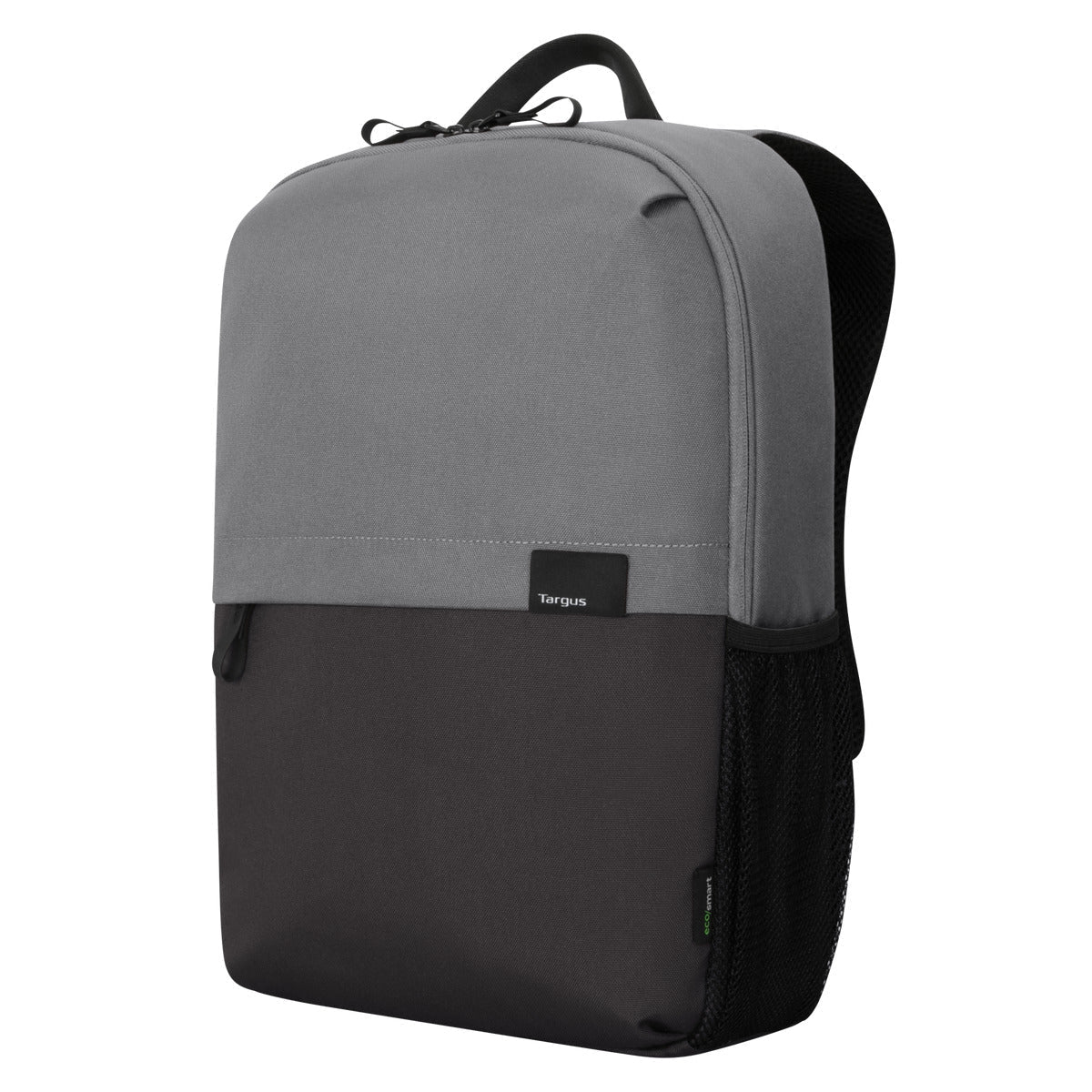 Mochila Targus gris y negra con un bolsillo lateral de malla negra.