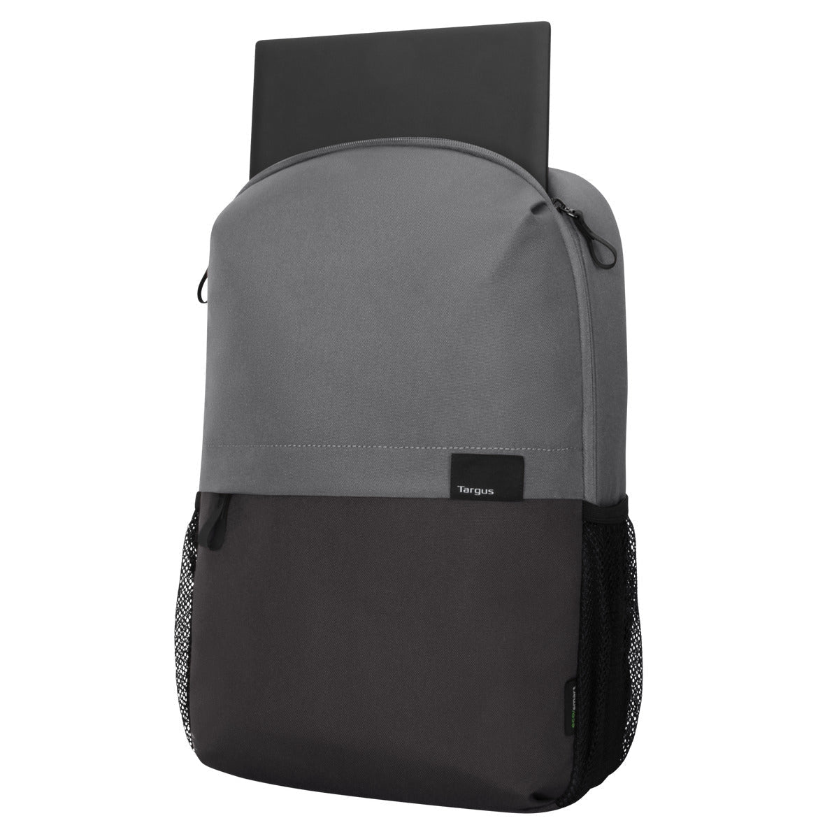 Mochila Targus gris y negra con un portátil parcialmente insertado.