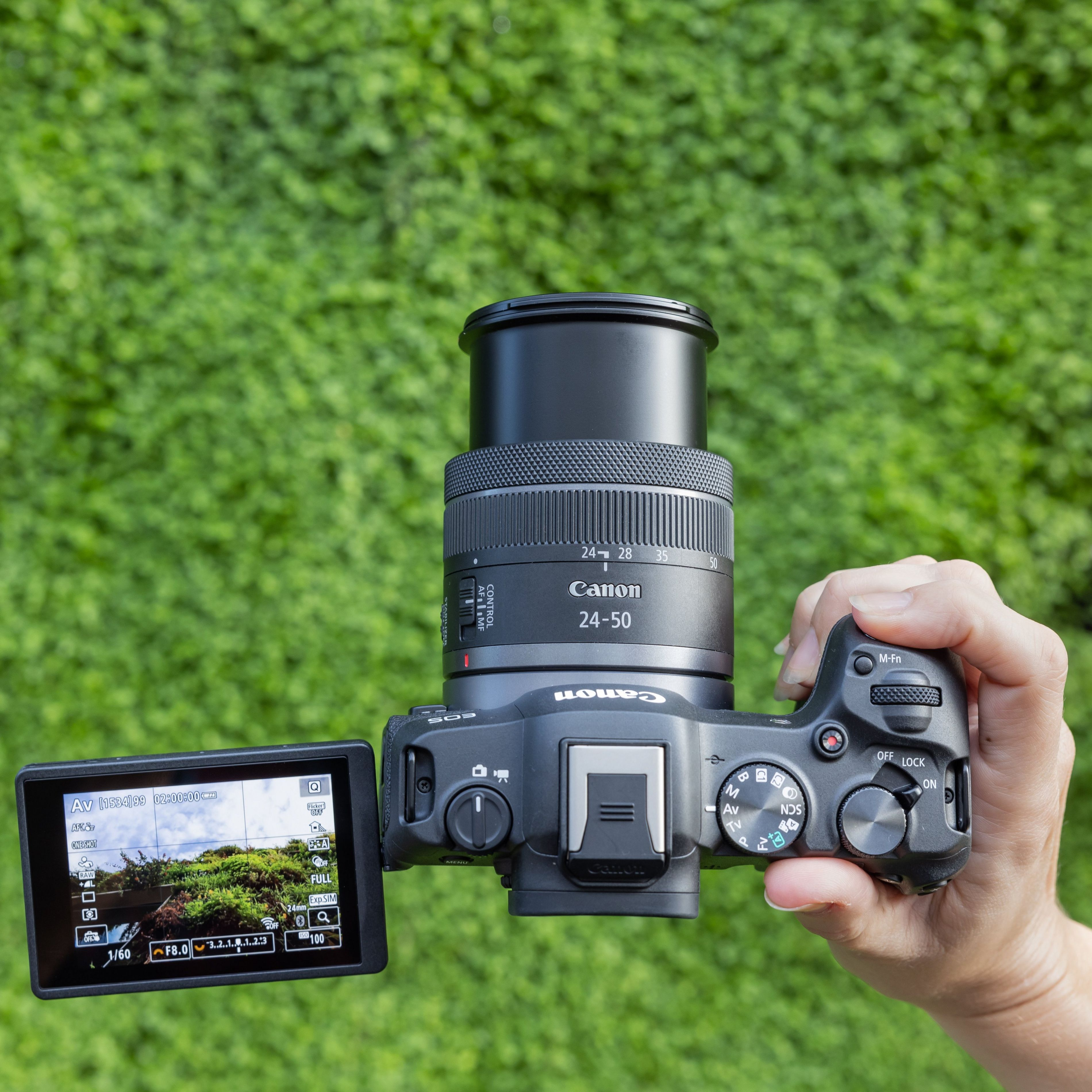 Una mano tiene una fotocamera Canon nera con obiettivo contro fogliame verde.