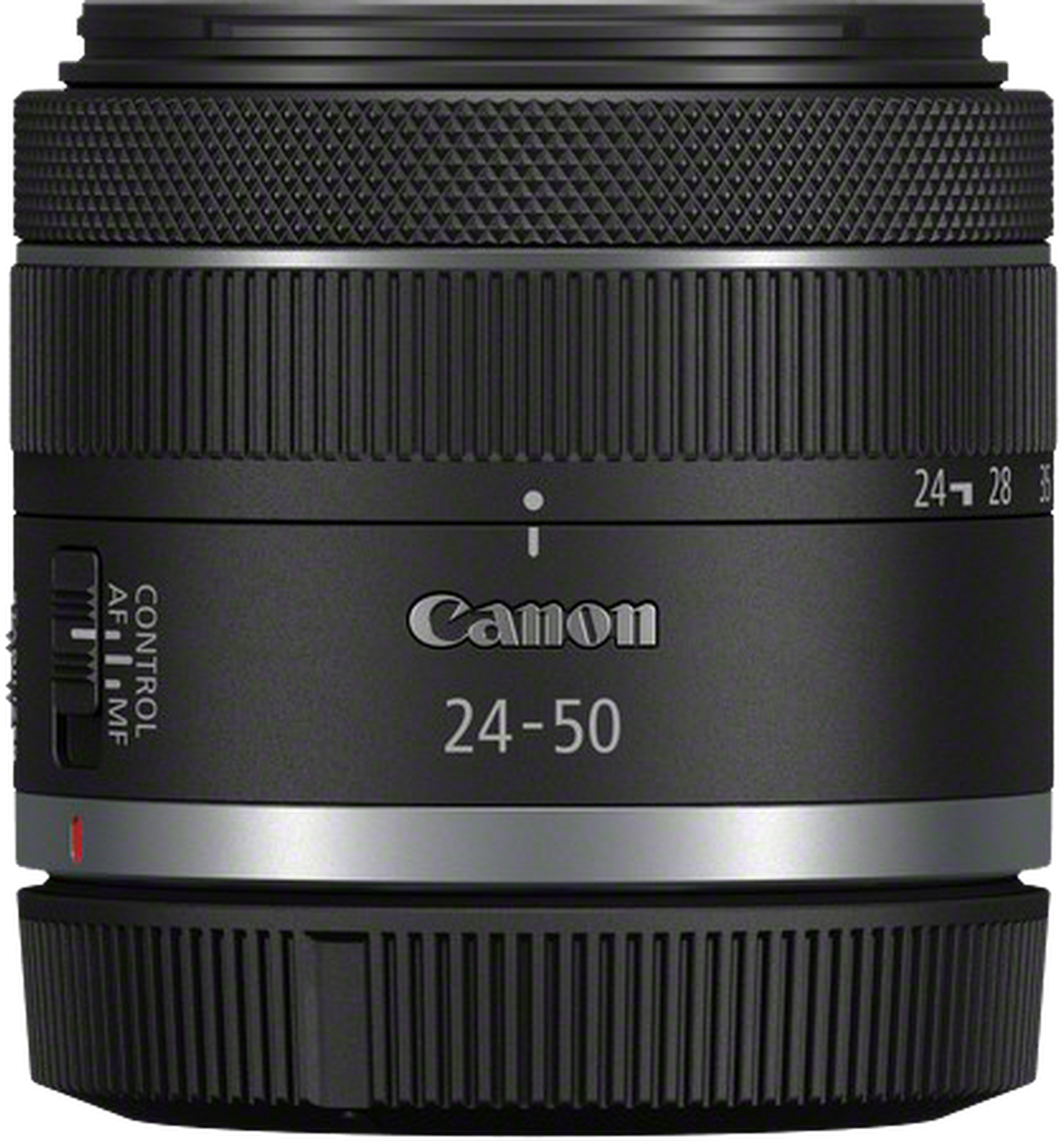 Un obiettivo Canon 24-50mm nero con ghiera di messa a fuoco e zoom.