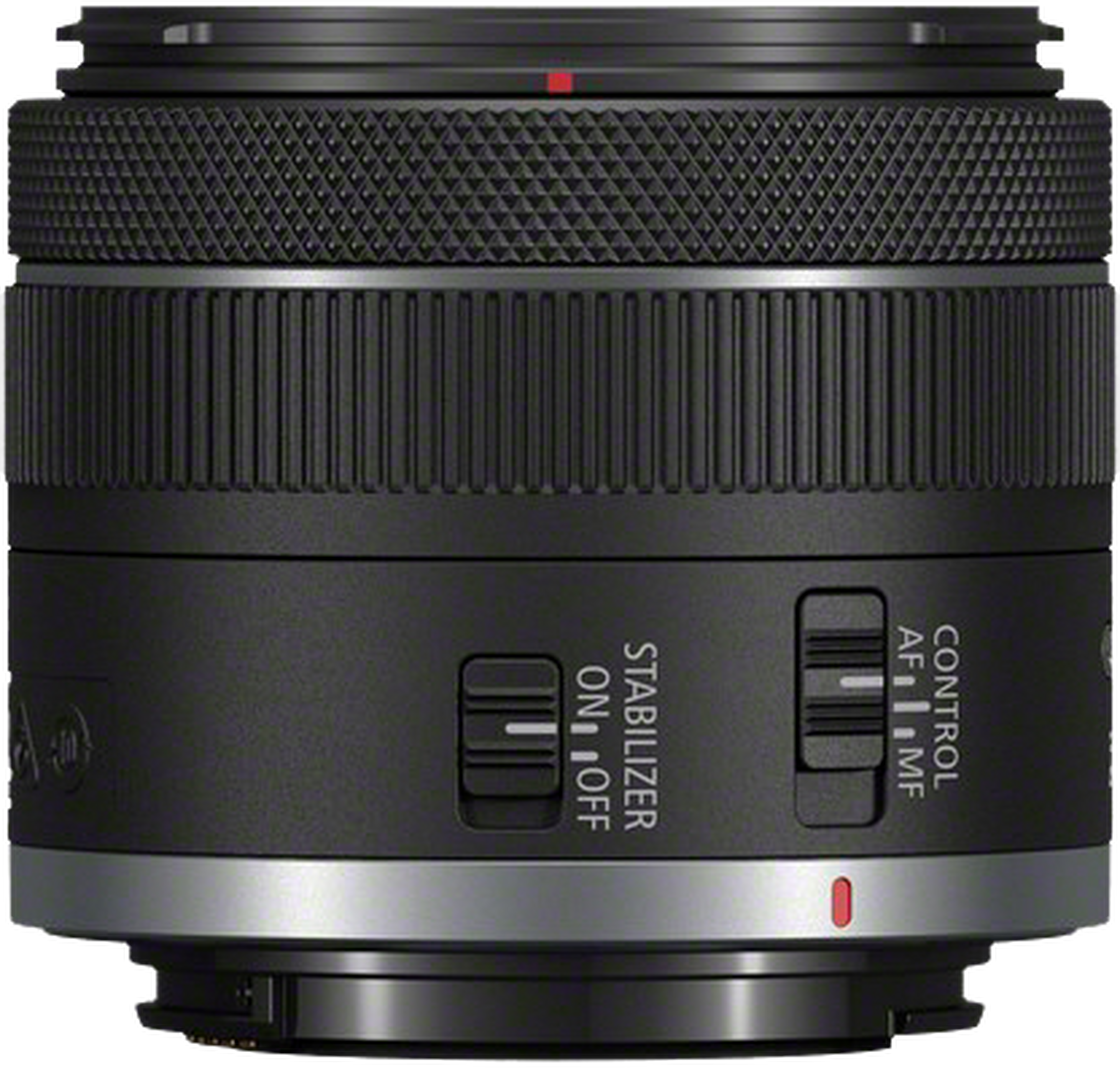 Un obiettivo per fotocamera nero con accenti argentati e interruttori.