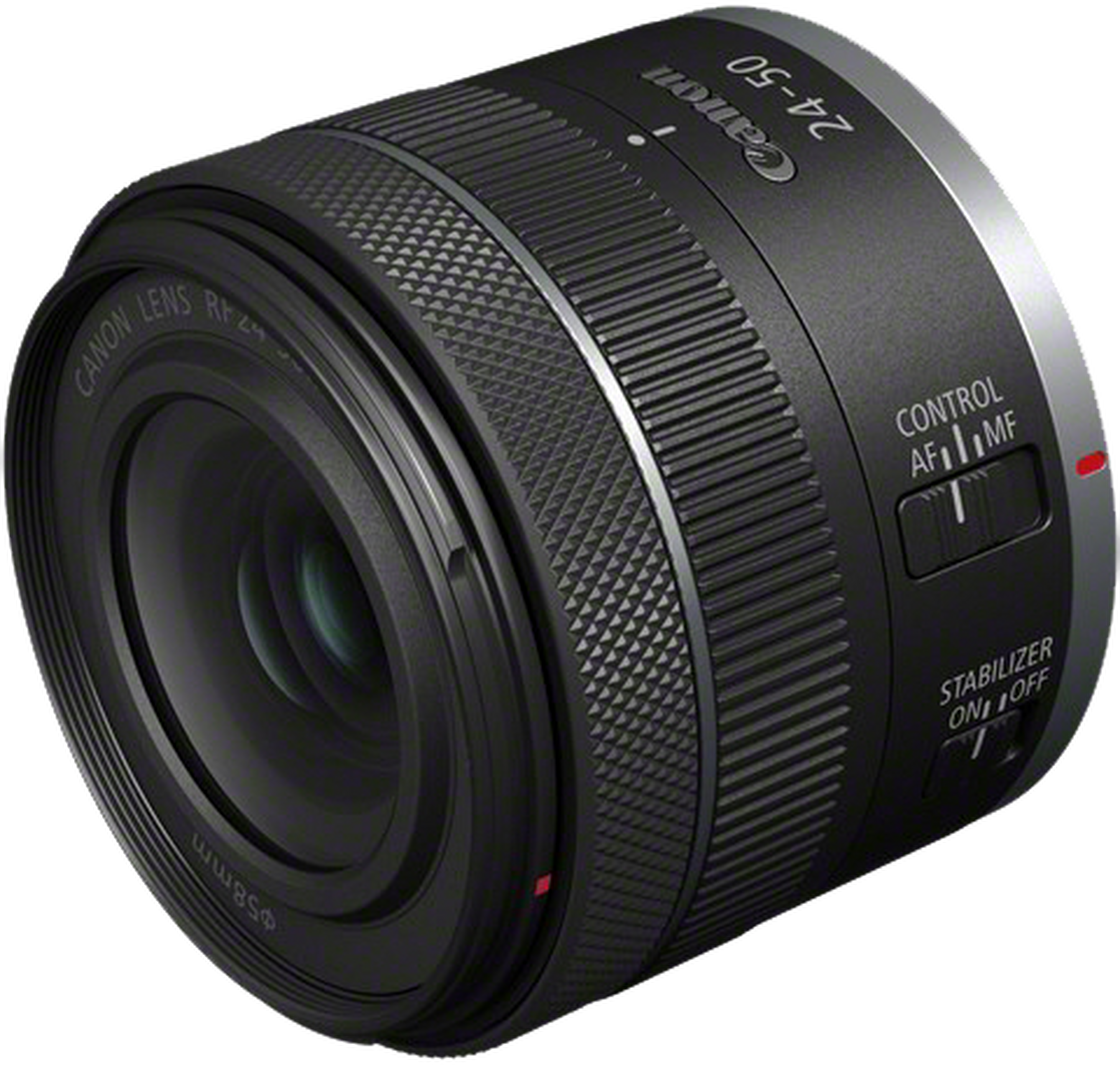 Obiettivo Canon nero 24-50mm con interruttori messa a fuoco e stabilizzatore.