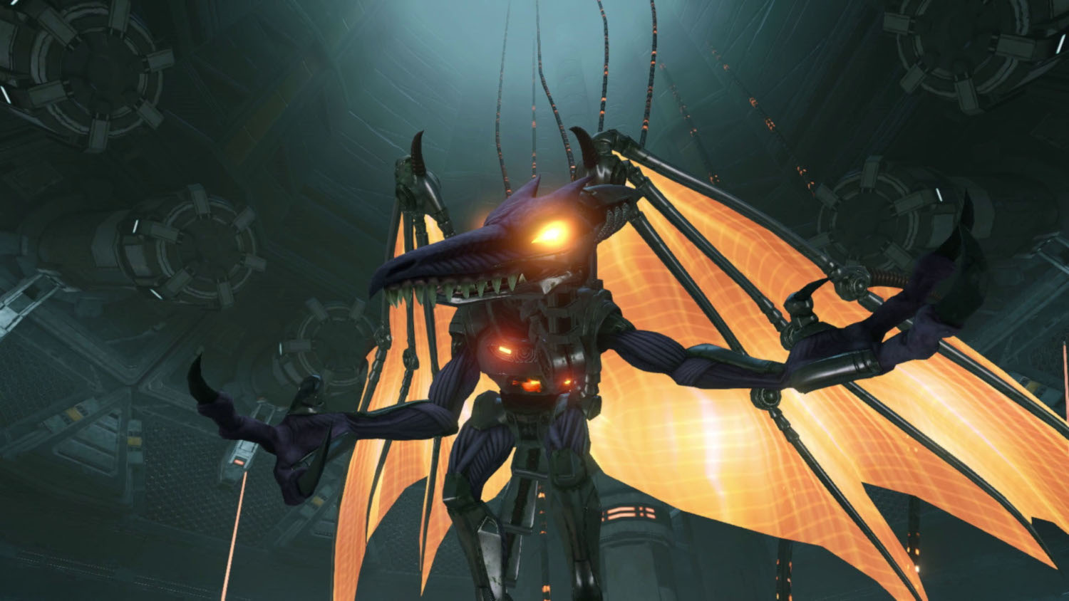 Un grand dragon violet avec des ailes orange, dans une pièce sombre et métallique, fixant.