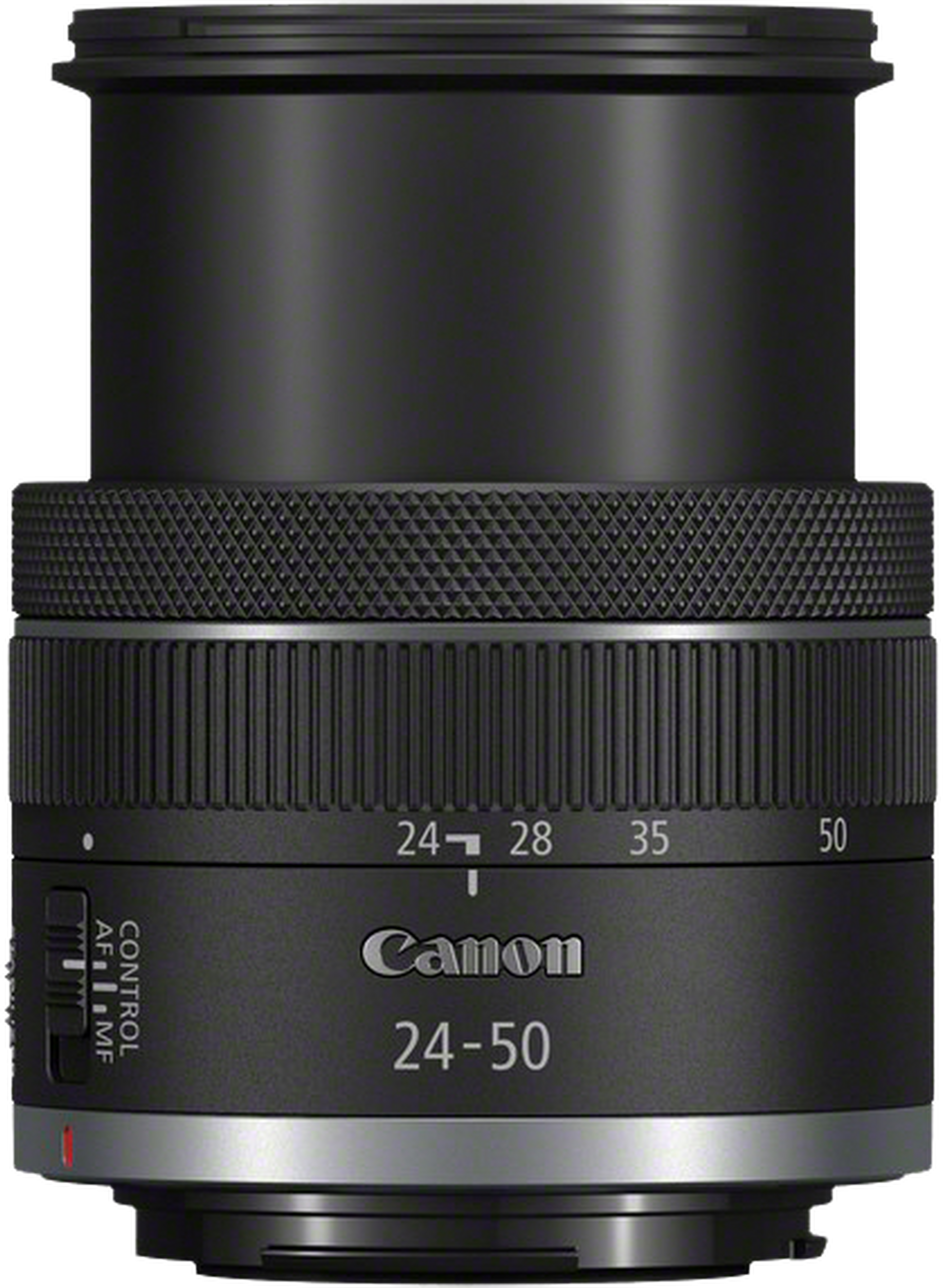Obiettivo Canon nero con zoom 24-50mm e ghiera di messa a fuoco.