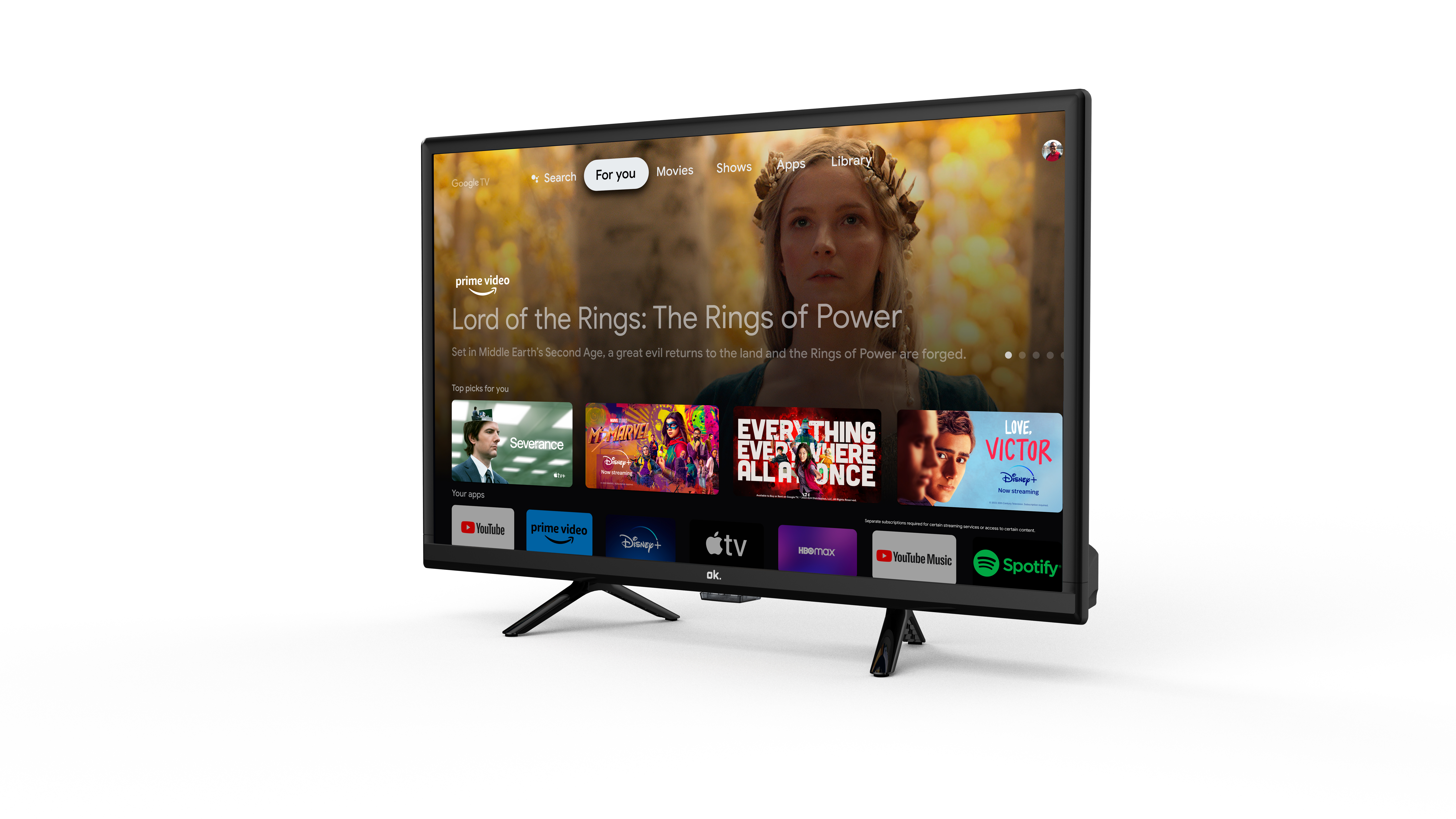 Pantalla de TV mostrando Prime Video, aplicaciones y un