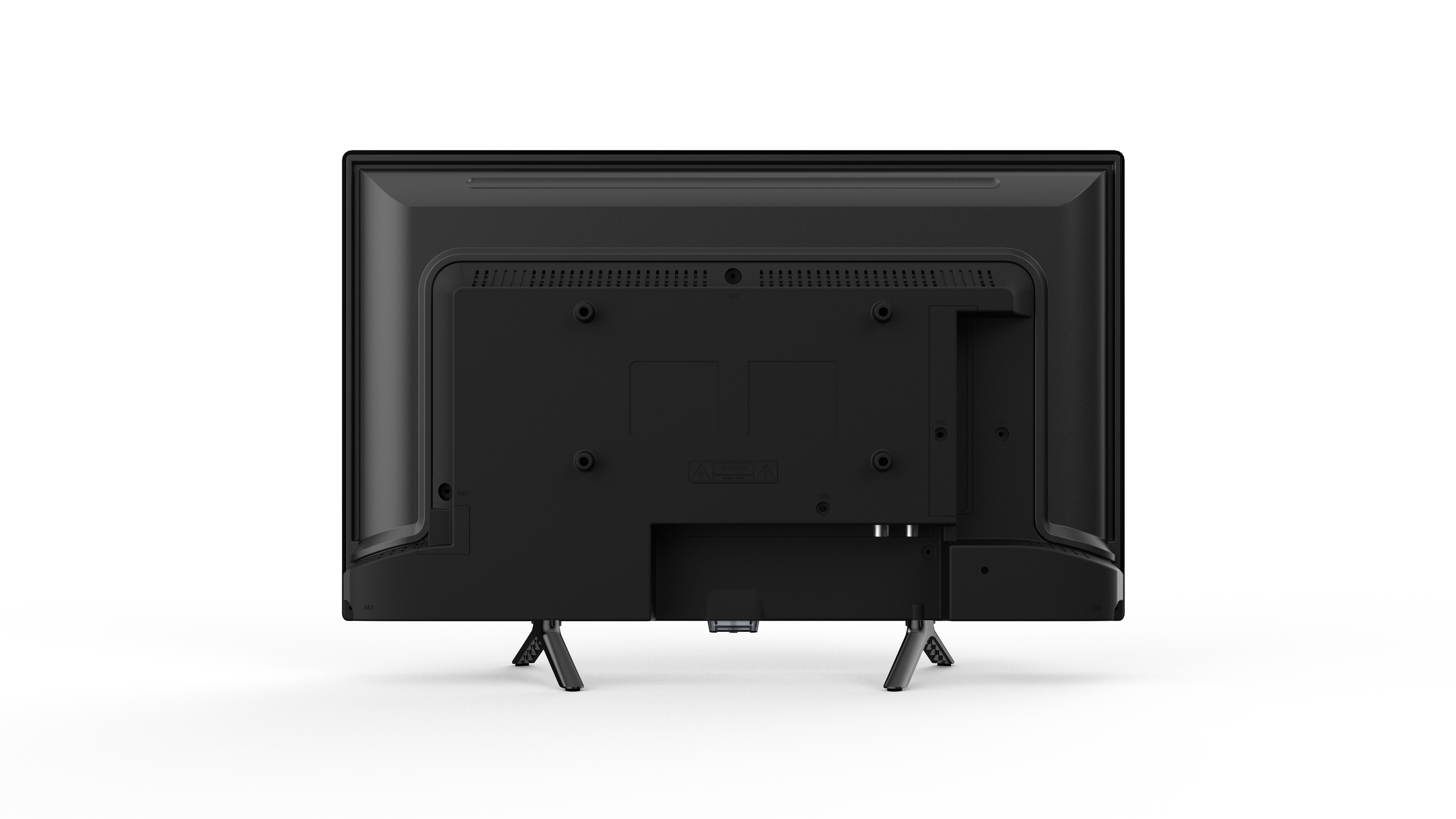 Vista trasera de un televisor negro con soporte. Puertos y ventilación visibles.