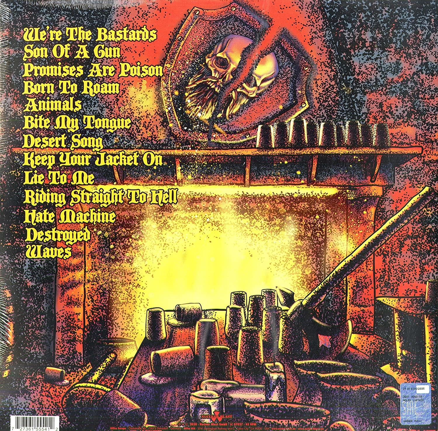 Egy album hátlapja koponya dizájnnal, tüzes háttéren, a dalok címeivel.