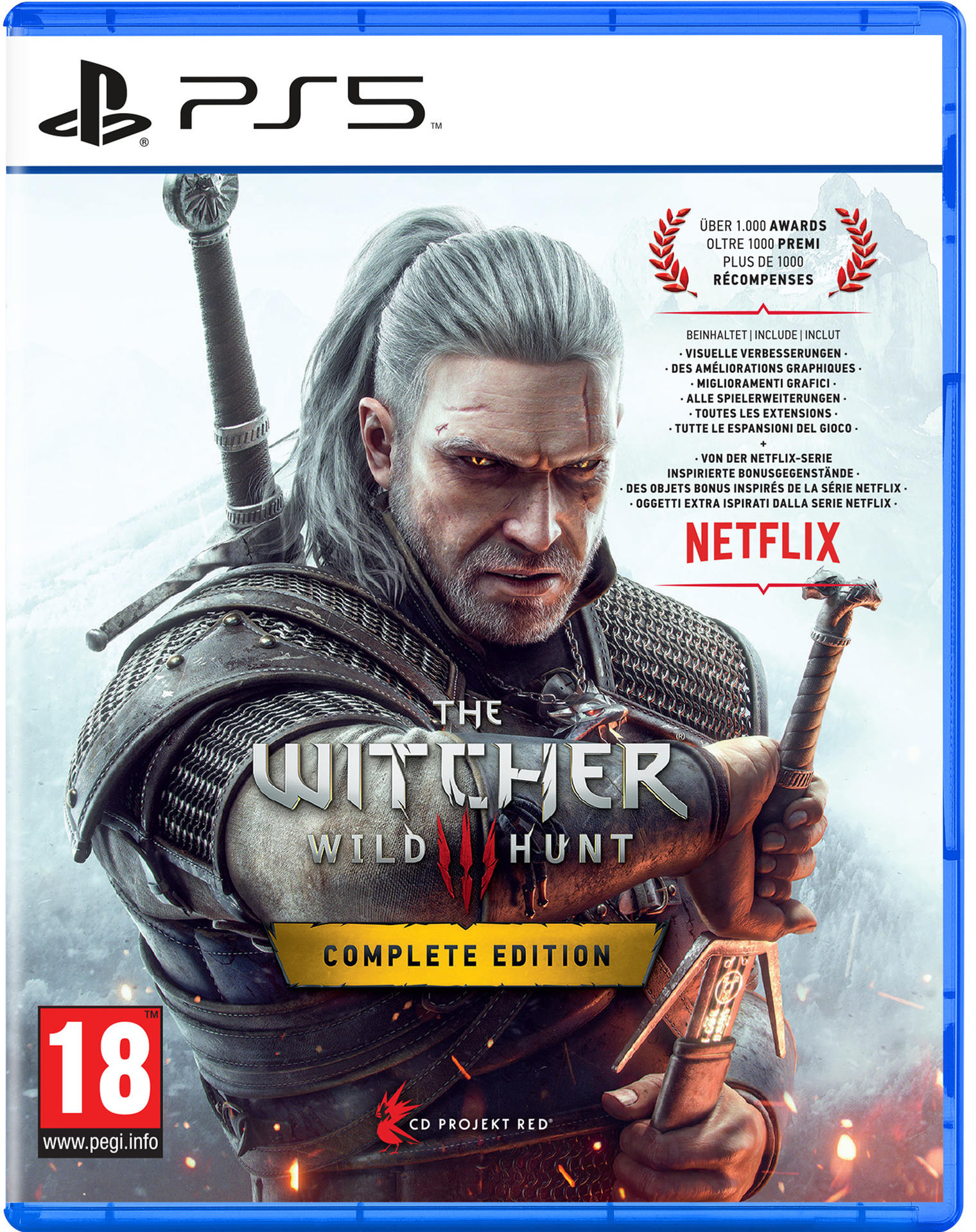 PS5-Spielbox für The Witcher 3: Wild Hunt. Geralt mit Schwertern.