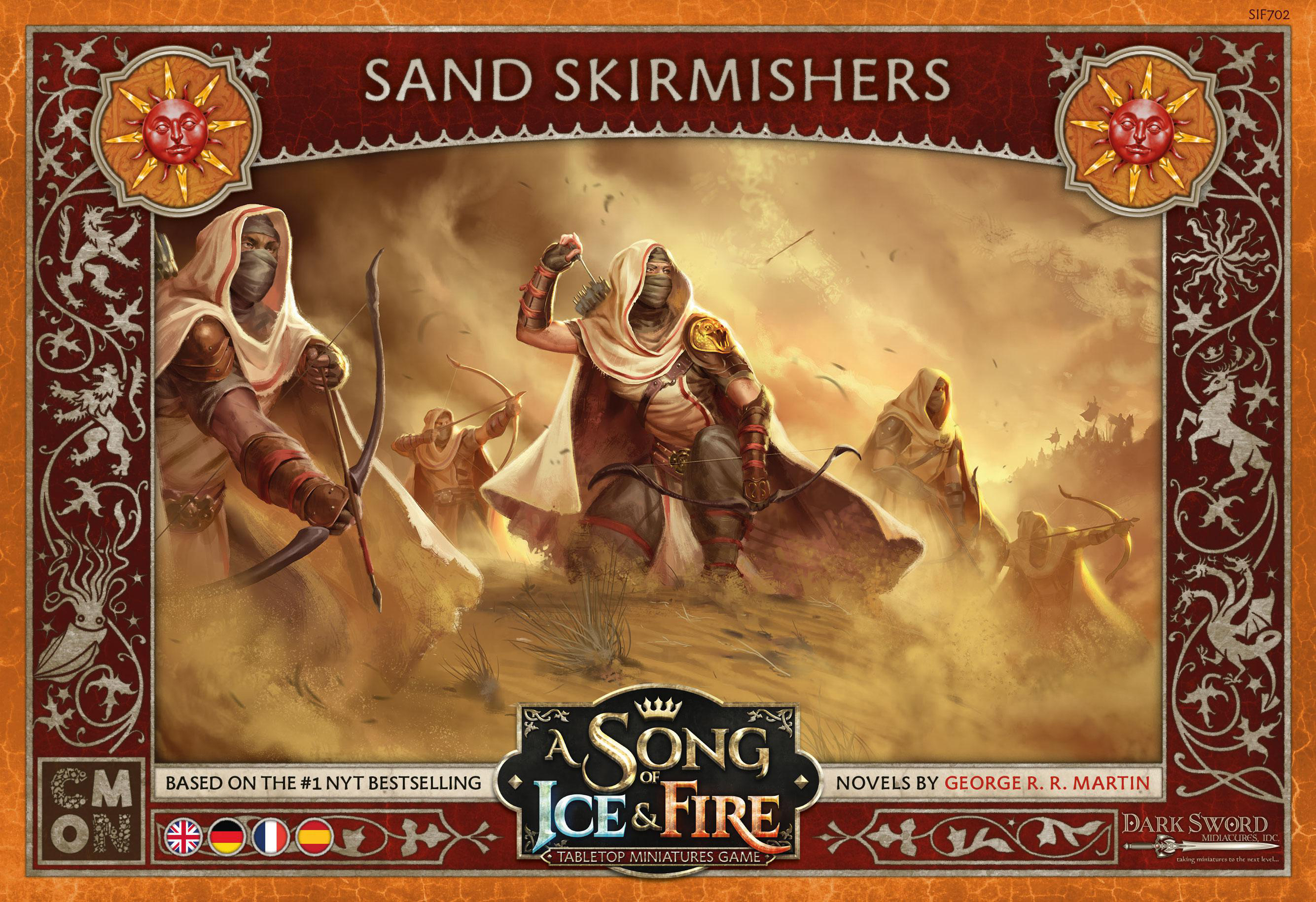Spielbox-Art: Krieger in der Wüste mit Bögen. A Song of Ice and Fire Miniaturspiel.
