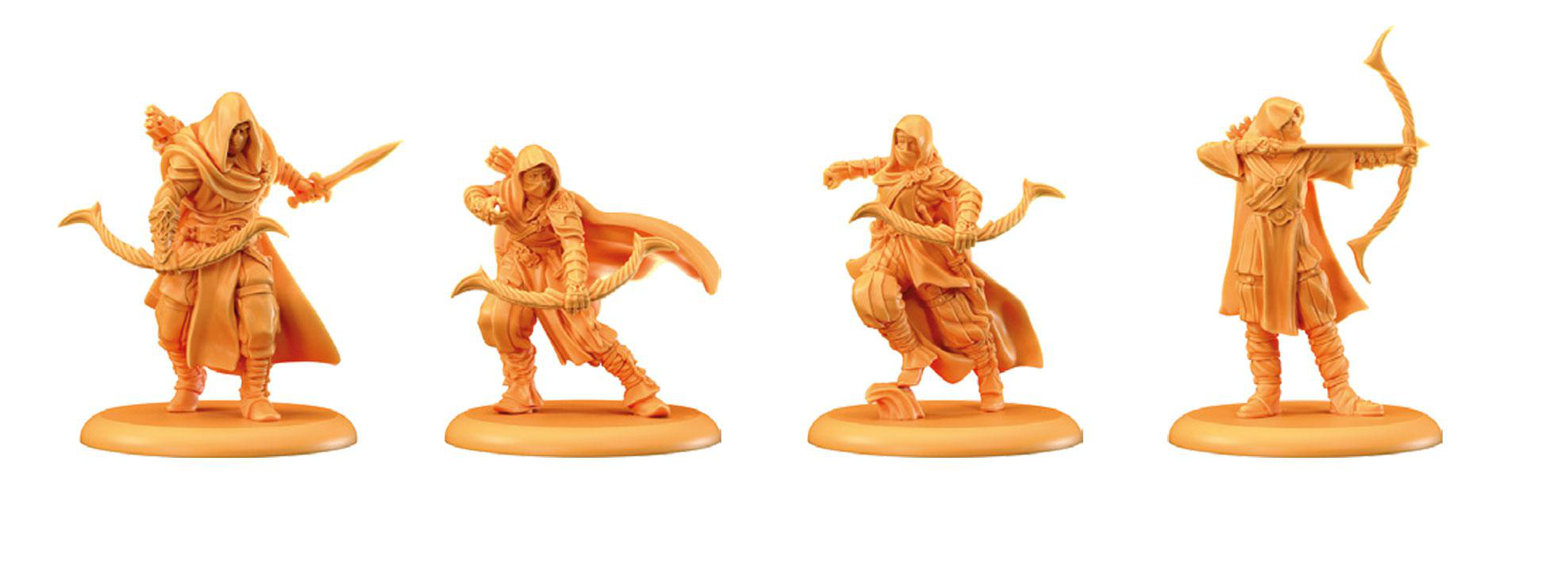 Vier orange Bogenschützenfiguren in verschiedenen Posen, jede auf einer kreisförmigen Basis.