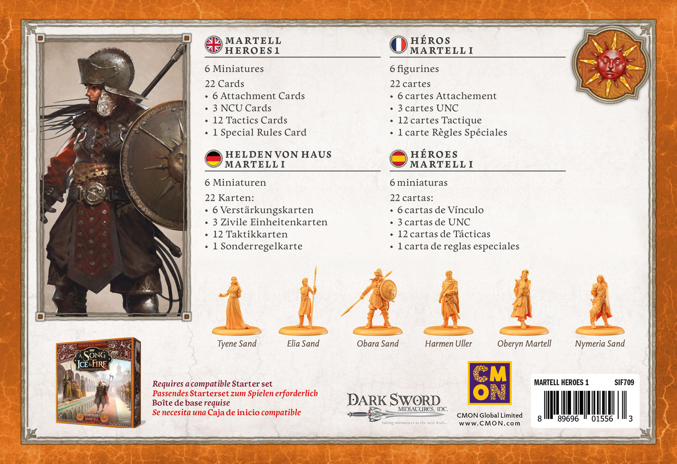 Rückseite einer Brettspielbox mit Charakterkarten und Text in mehreren Sprachen.