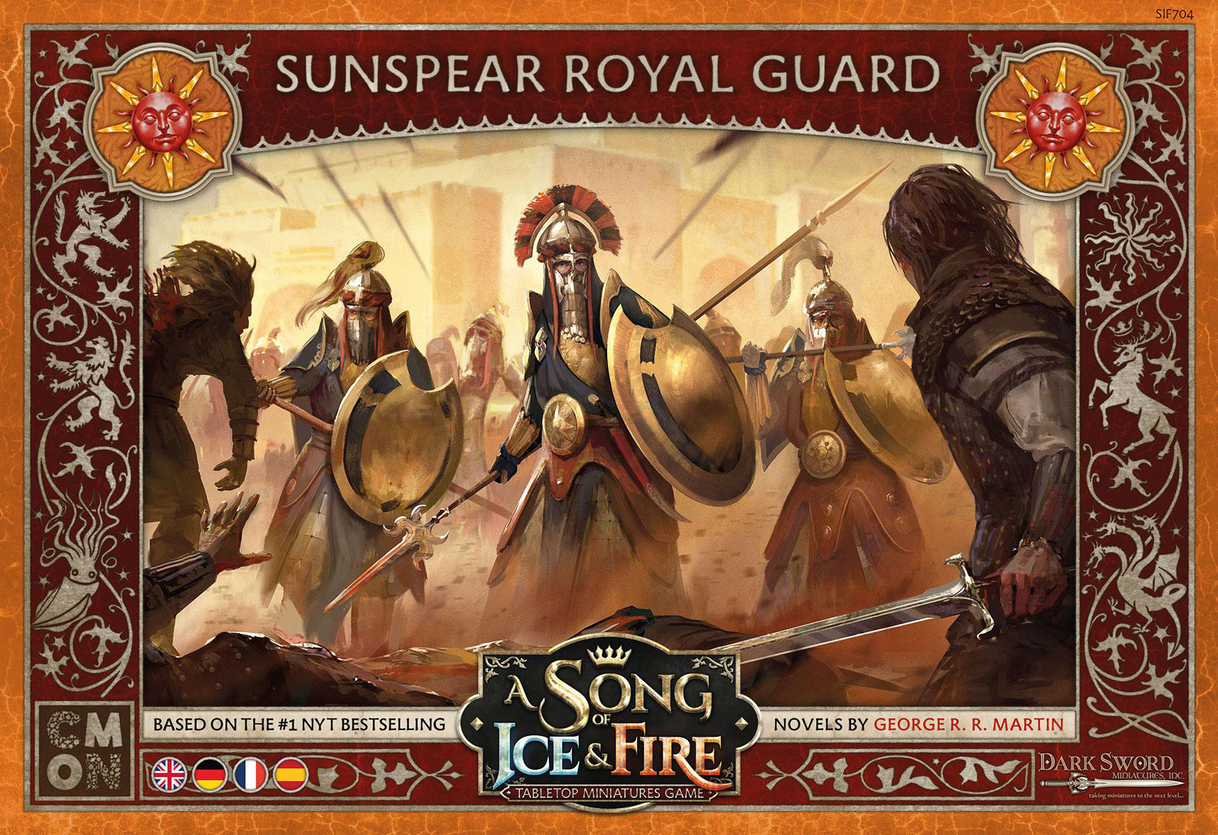 Spielcover 'Sunspear Royal Guard'. Soldaten in goldener Rüstung und Schilden, Waffen haltend, bereit für die Schlacht.