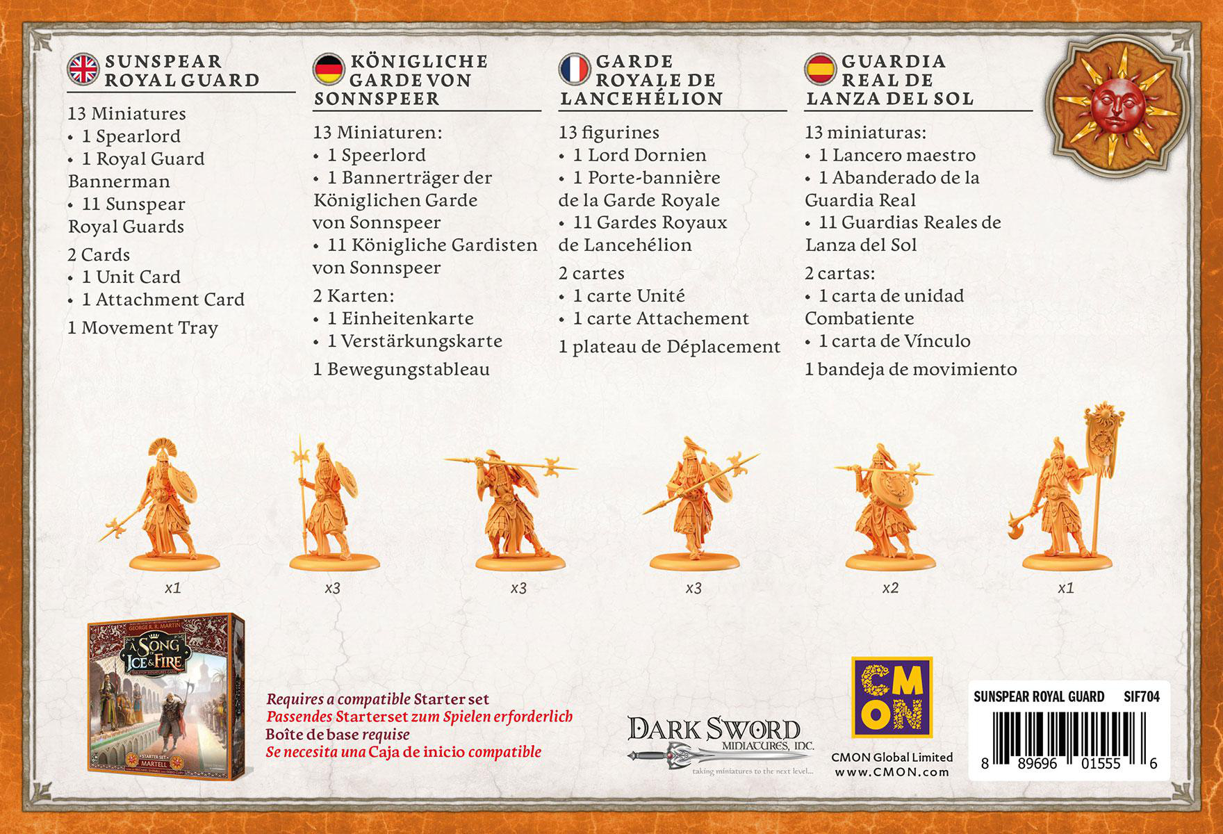 Spielbox mit Miniaturfiguren und Text in mehreren Sprachen, darunter Englisch und Deutsch.