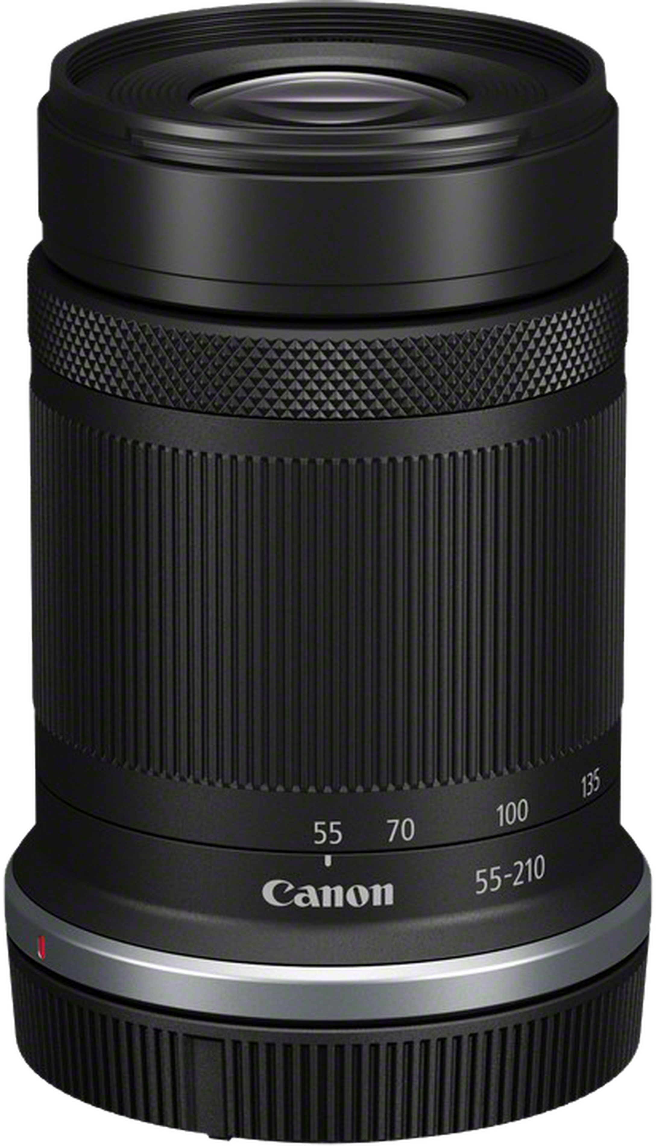 Objectif Canon noir avec marquages de zoom 55-210mm. Logo Canon sur le corps de l'objectif.