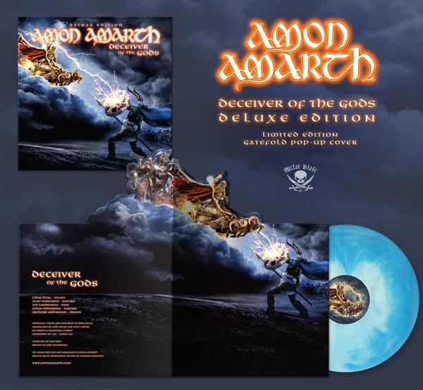 Az Amon Amarth 'Deceiver of the Gods' című albumának borítója. Egy harcoló harcost, villámokat és egy kék bakelit lemezt ábrázol.