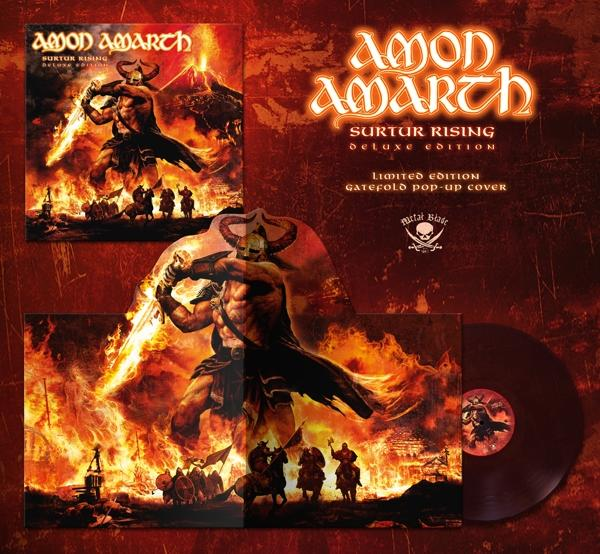 Amon Amarth album borító: Surtur Rising. Viking harcos tűzzel. Piros-narancs háttér.