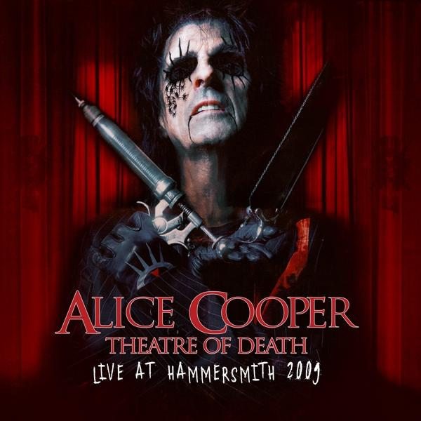 Alice Cooper album borító, arc smink fecskendővel és késsel. Vörös függöny háttér.