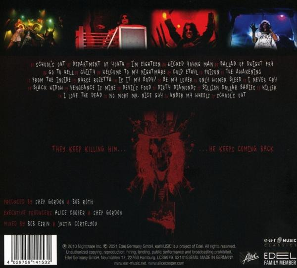 Album hátlapja, a számlistával és Alice Cooper képével.