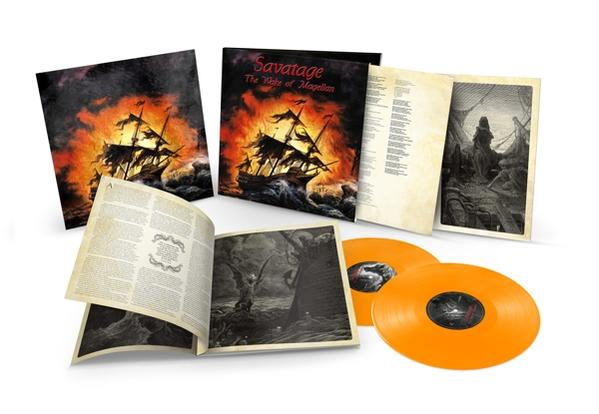 Hanglemezalbum két narancssárga vinyllel, egy égő hajóval és egy füzettel.