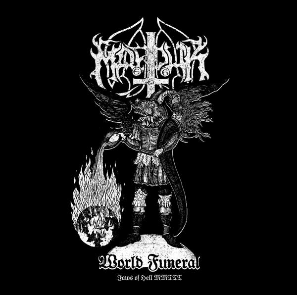Black metal album borítója. Szárnyas démon, tüzet tart egy földgömb felett, fekete szöveggel.