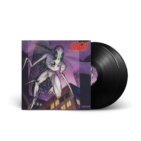 Egy bakelit lemez és egy album borítója egy szárnyas, rovarszerű figuráról egy lila városképben.