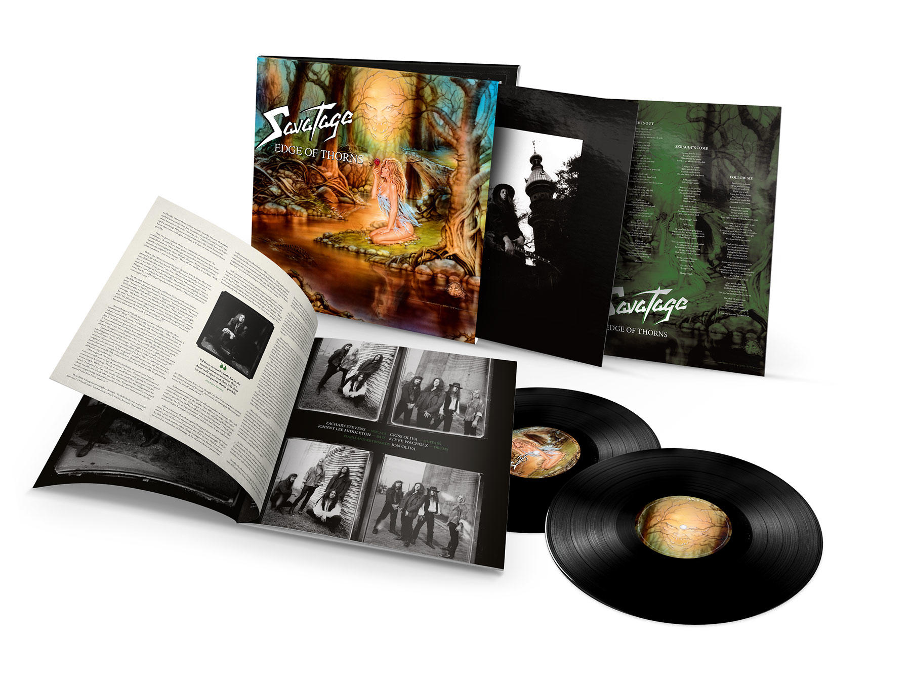 Egy bakelit albumkészlet látható, a borítóval és a nyitott oldalak. Az album címe: "Edge of Thorns".