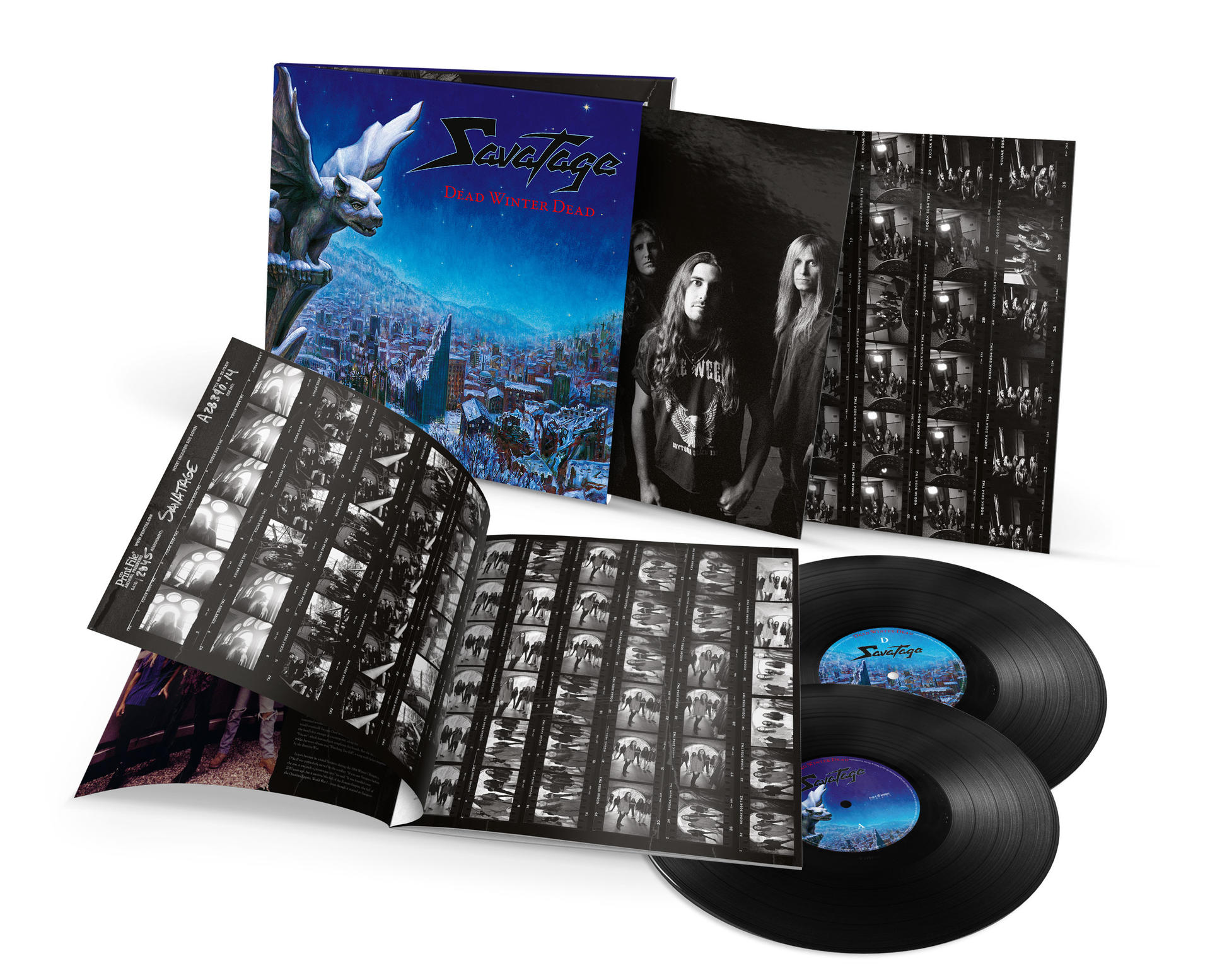 Savatage 'Dead Winter Dead' album borítója, bakelit lemezekkel és fotóbetéttel.